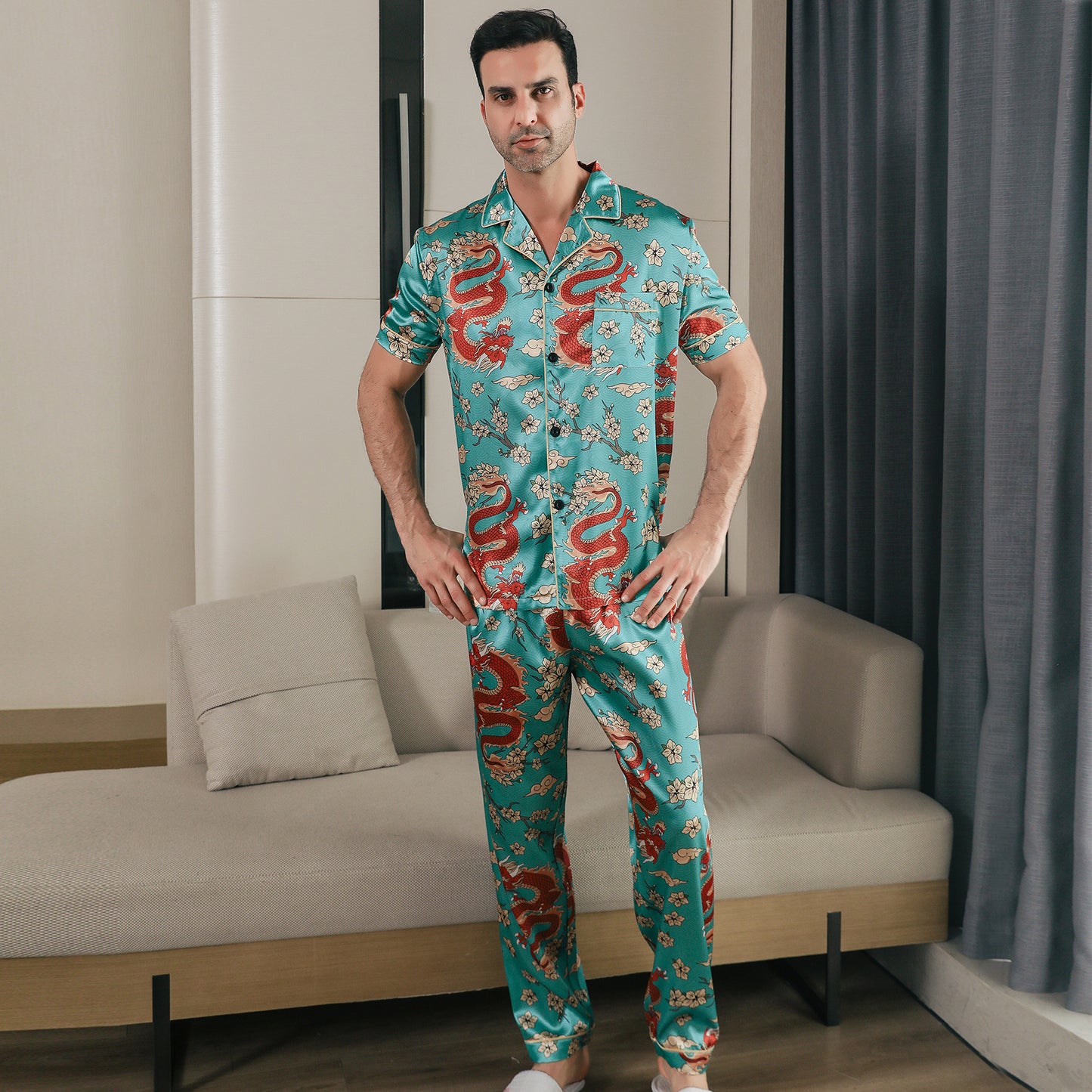 Men Satin Pajamas Set 3 Pieces multicolor Sleepwear with Pockets-KJ6037-M