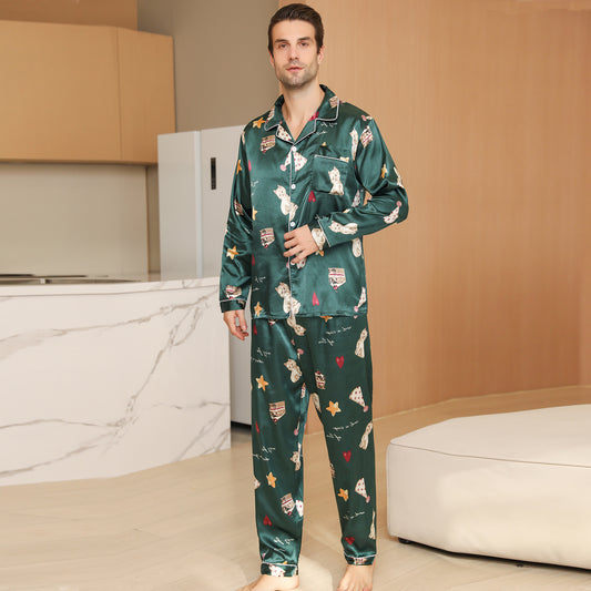 Men Satin Pajamas Set Long Sleeve & Long Pants Sleepwear with Pockets-KJ2036-M