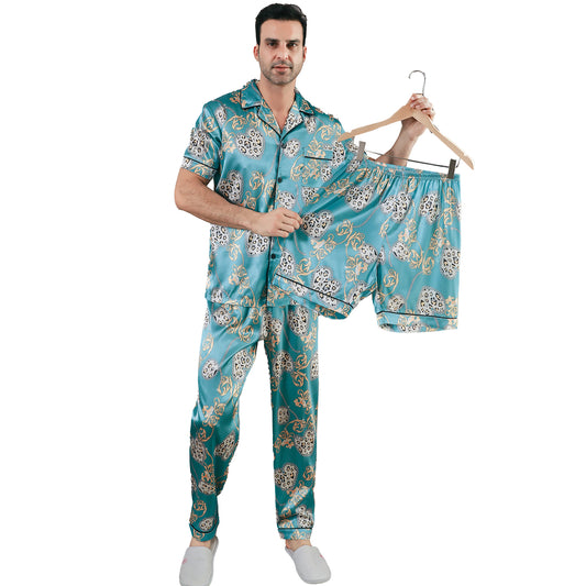Men Satin Pajamas Set 3 Pieces multicolor Sleepwear with Pockets-KJ6044-M