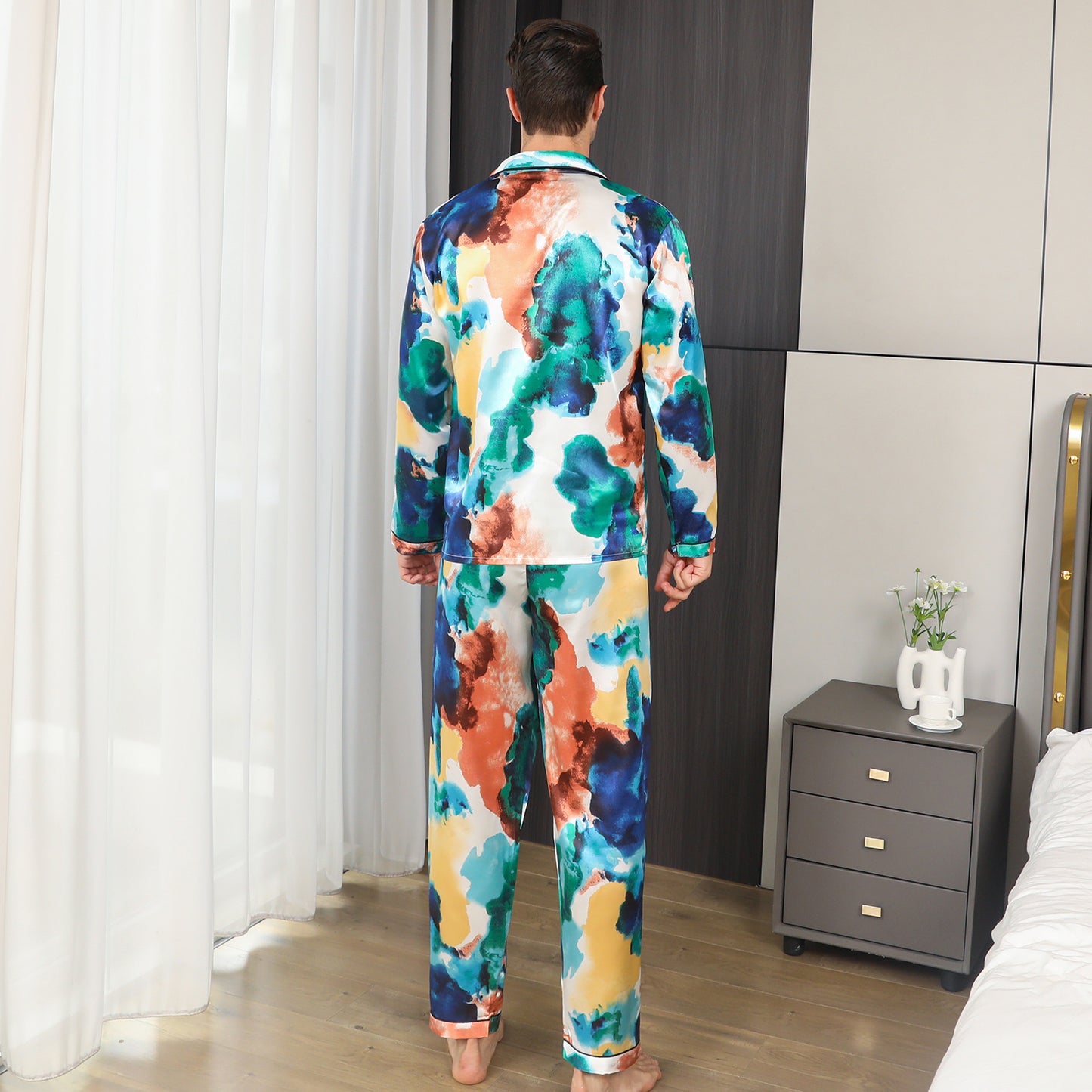 Mens Pajama Set Long Sleeve Sleepwear Silky Loungewear with Long Pants-KJ2026-M