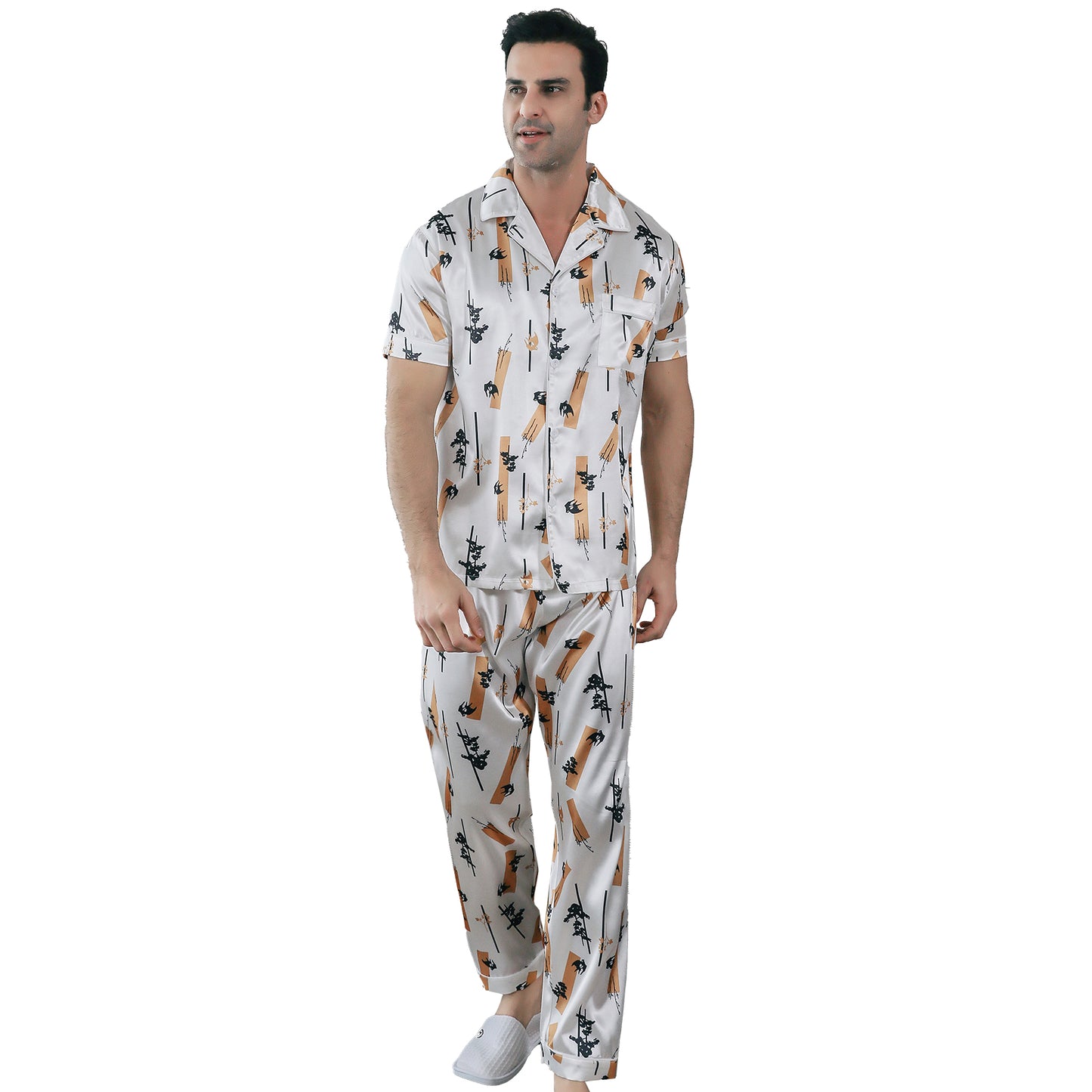 Mens Pajama Set Short Sleeve Sleepwear Silky Loungewear with Long Pants-KJ5025-M