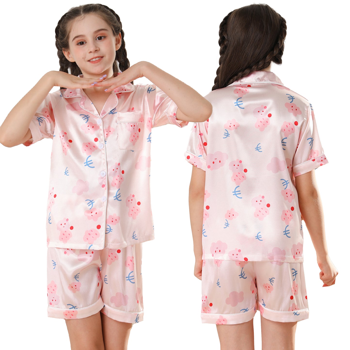 children's Satin Pajamas Set Short Sleeve & Short pants Sleepwear with Pockets-KJ442T-130