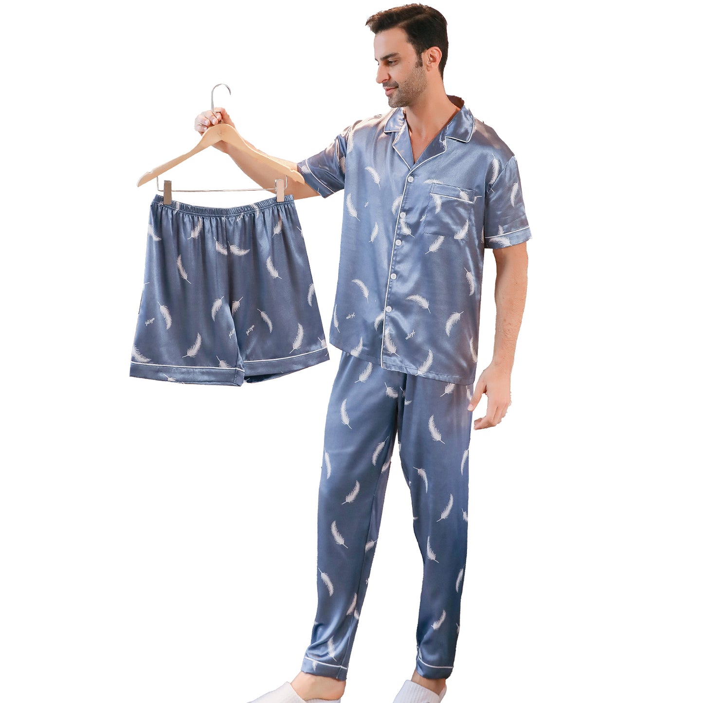 Mens Silky Pajamas Set 3 Pieces Nightwear-KJ6001-M