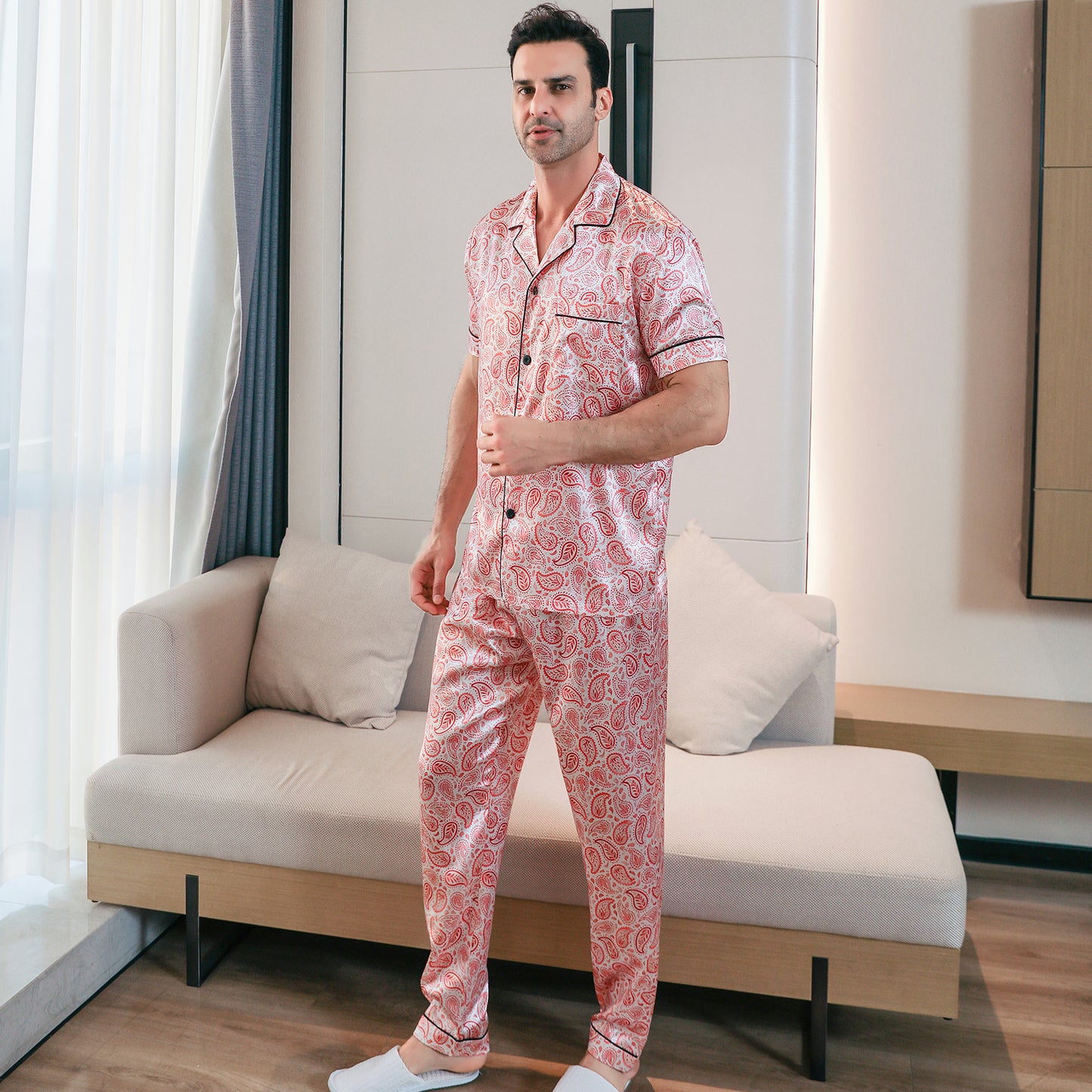 Men's Classic Silk Pajama Set Short Top & Long Pants Button Loungewear-KJ5053-M