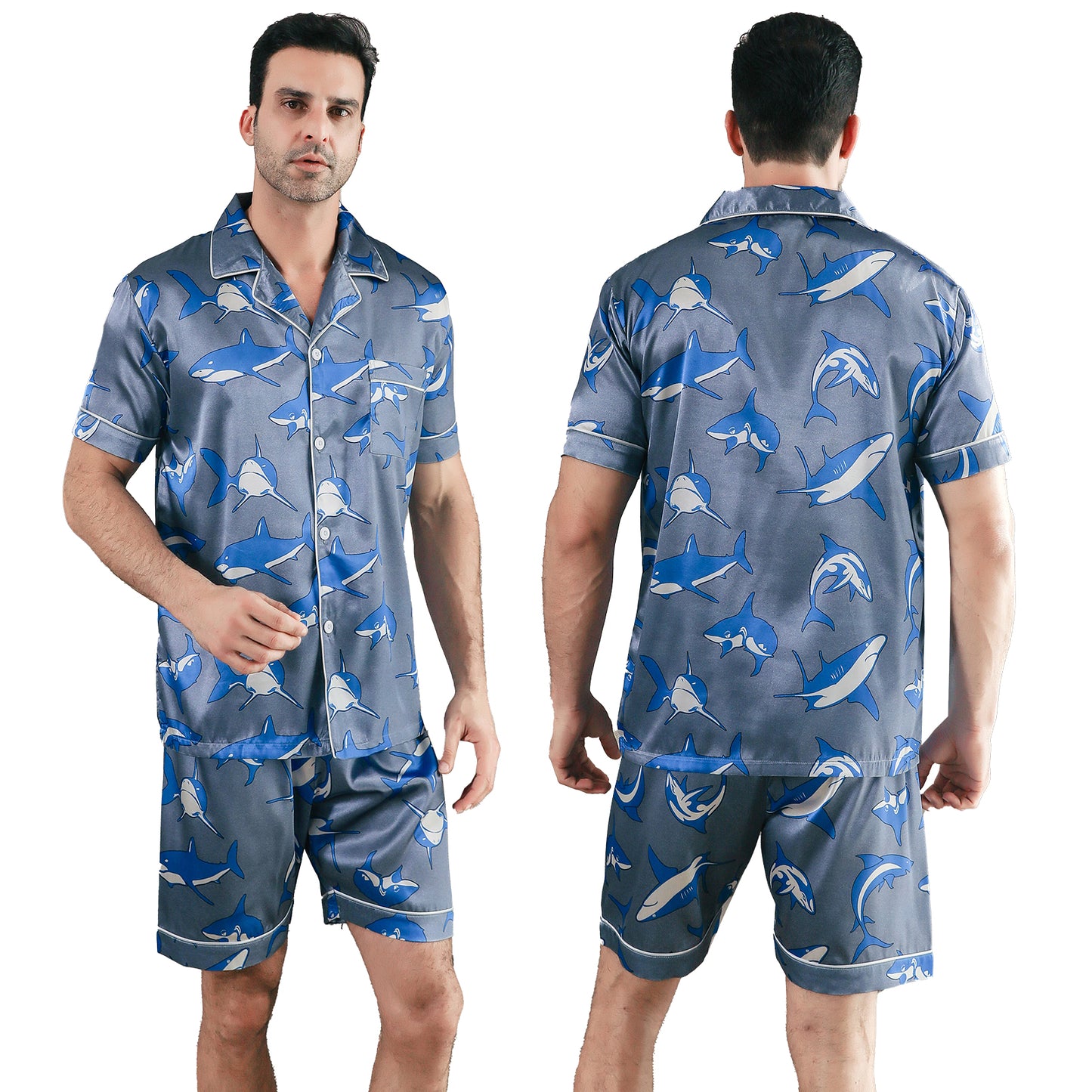 Men Satin Pajamas Set Short Sleeve & short Pants Sleepwear with Pockets-KJ4041-M