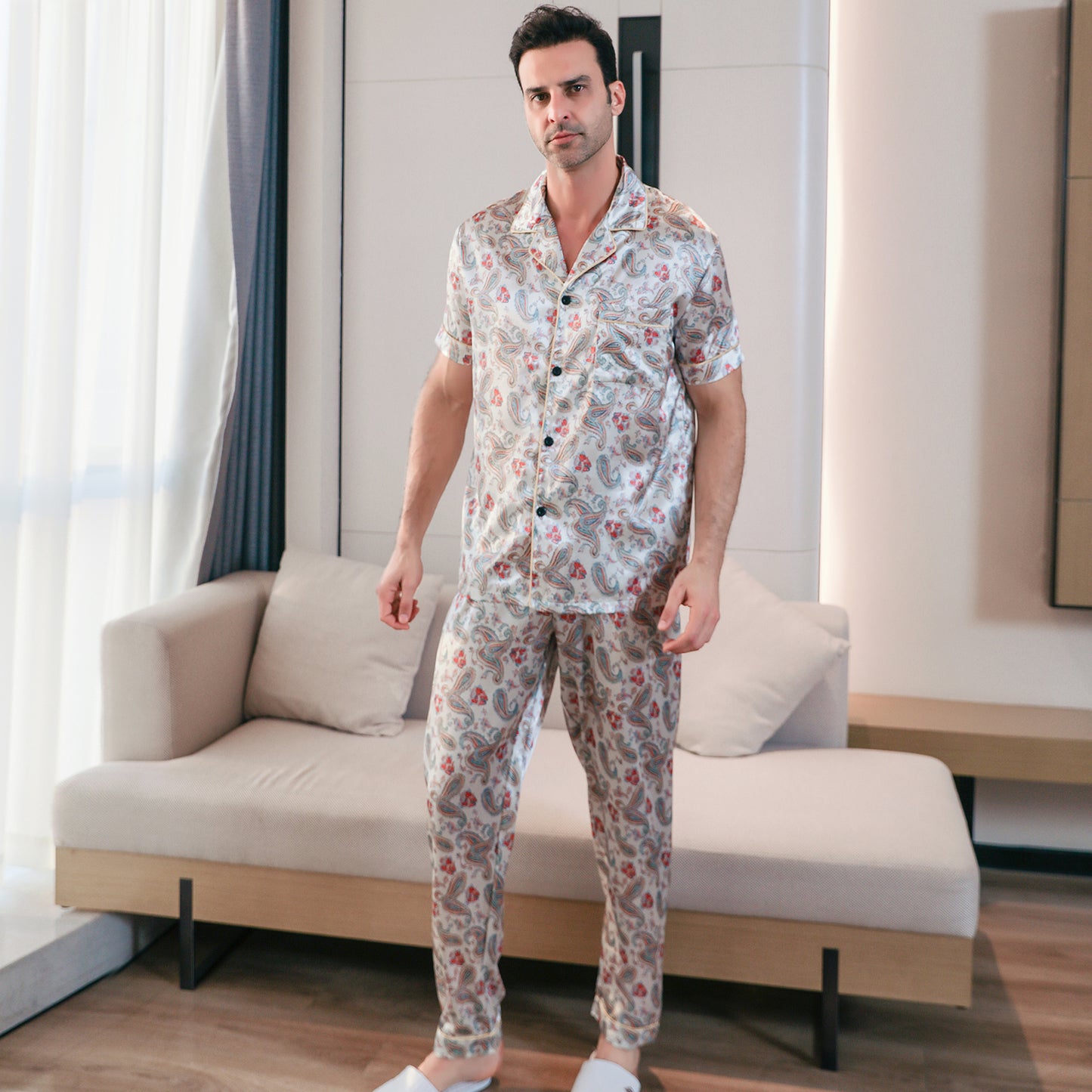 Men's Classic Silk Pajama Set Short Top & Long Pants Button Loungewear-KJ5052-M