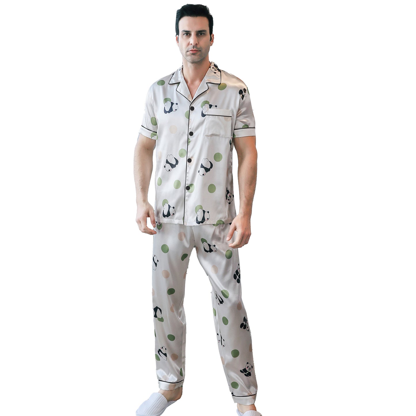 Men's Silky Satin Pajama Set Short Top Classic Sleepwear with Long Pants-KJ5011-M