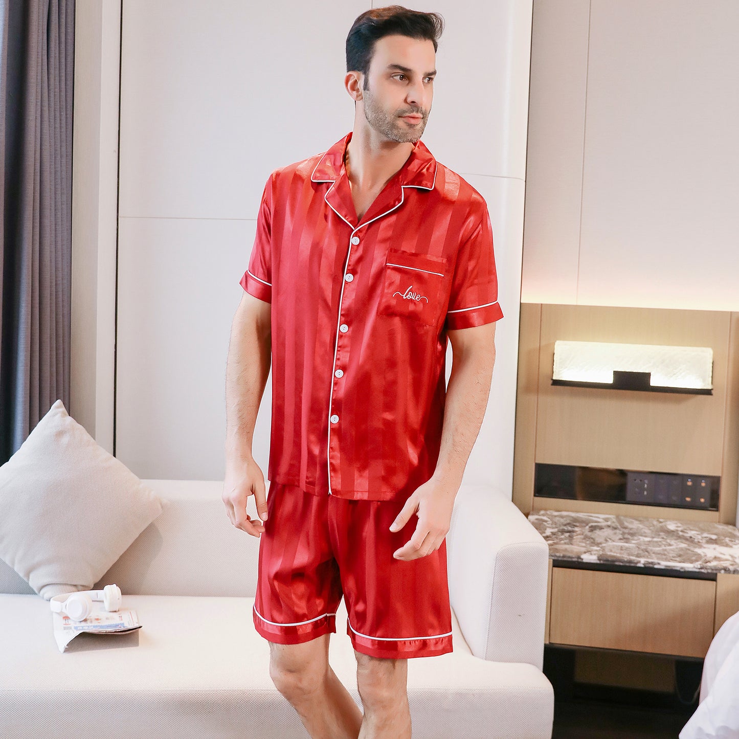 Mens Silky Pajamas Set Short Top & short pants Nightwear-KJ4005-M