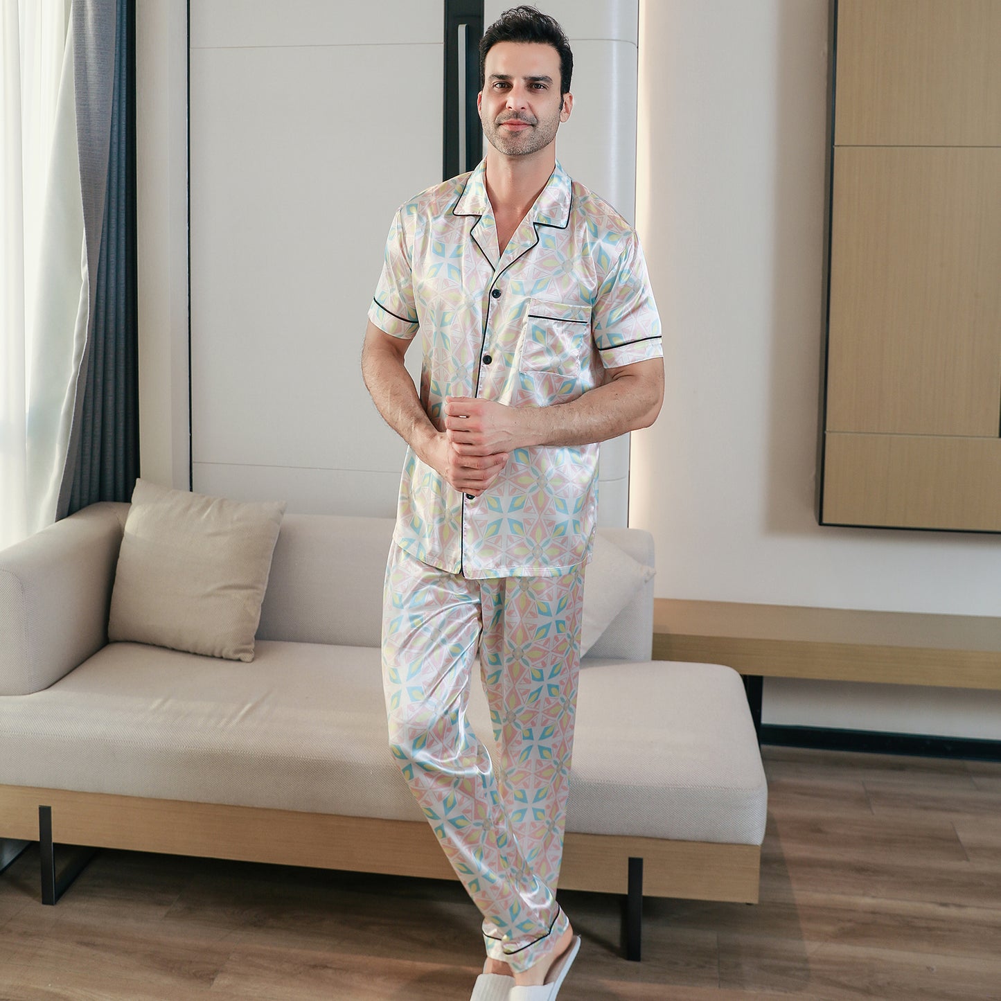 Men's Classic Silk Pajama Set Short Top & Long Pants Button Loungewear-KJ5050-M