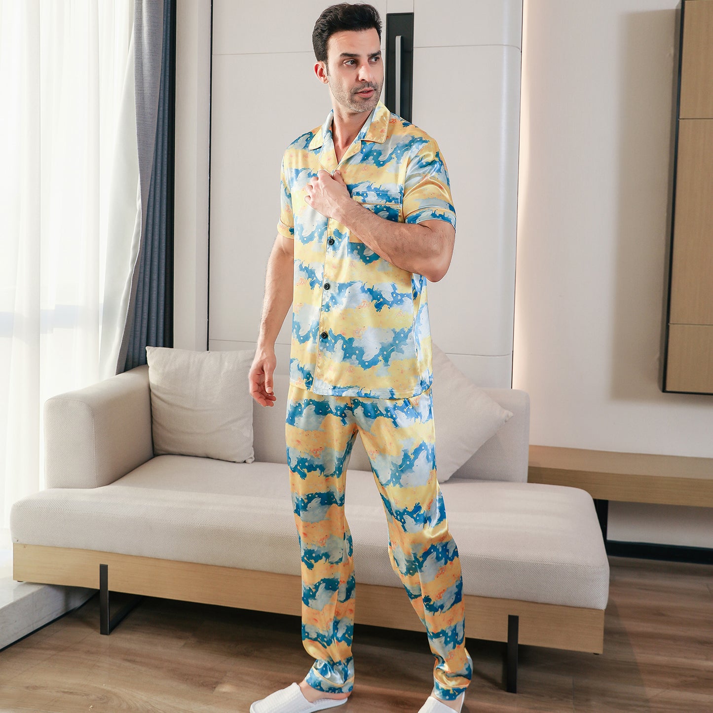 Men's Classic Silk Pajama Set Short Top & Long Pants Button Loungewear-KJ5047-M