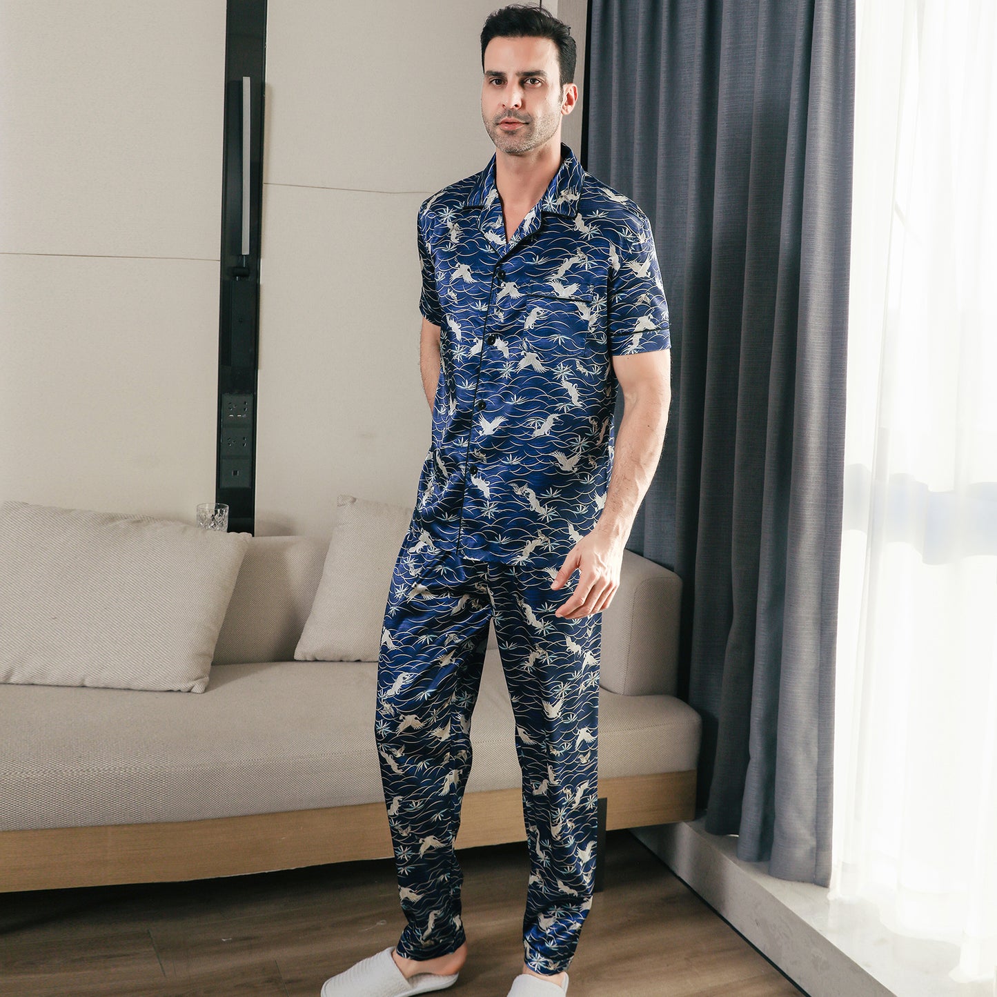 Men's Classic Silk Pajama Set Short Top & Long Pants Button Loungewear-KJ5045-M