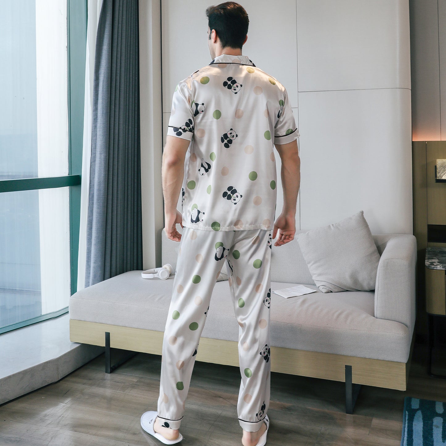 Men's Silky Satin Pajama Set Short Top Classic Sleepwear with Long Pants-KJ5011-M