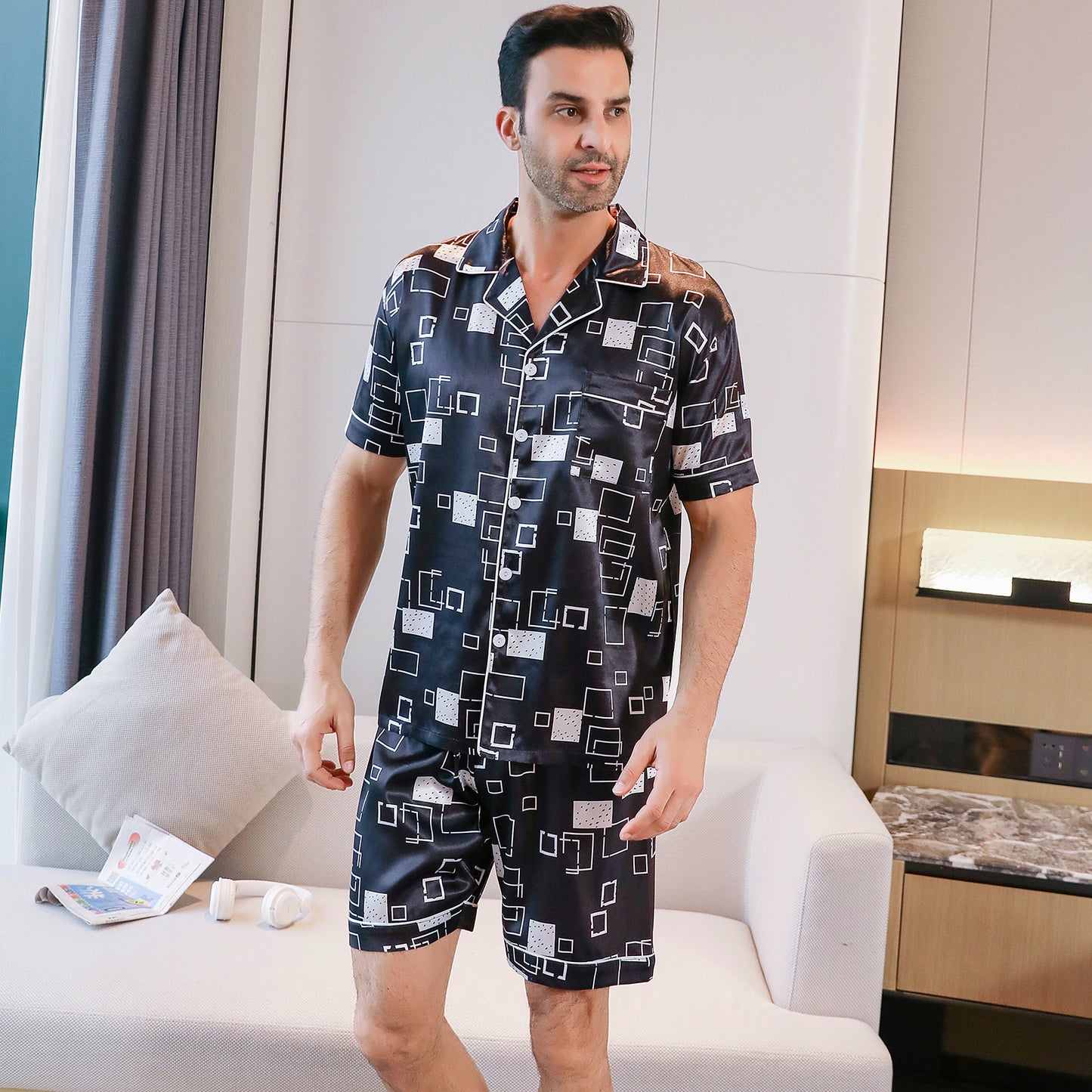 Mens Silky Pajamas Set 3 Pieces Nightwear-KJ6003-M