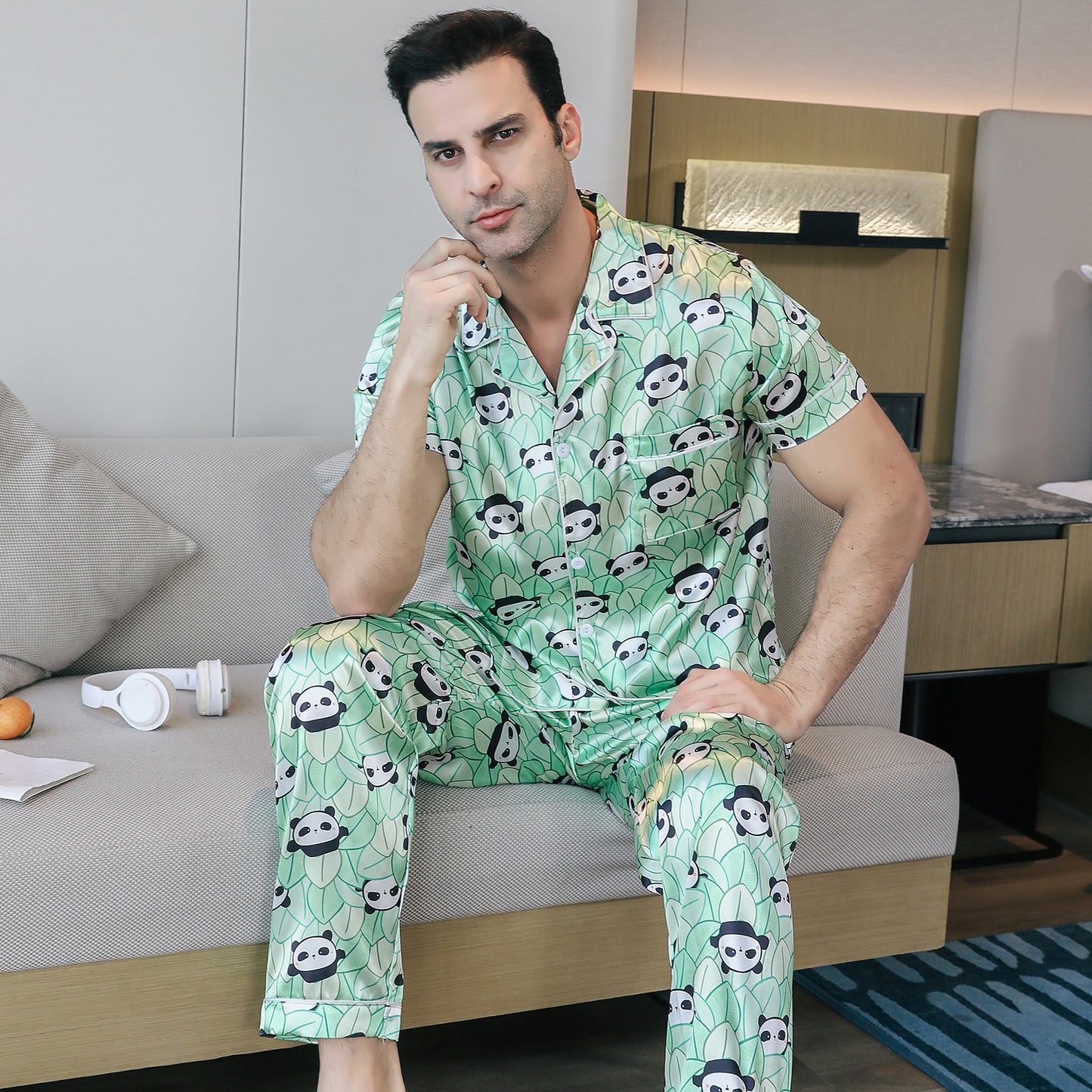 Men's Silky Satin Pajama Set Short Top Classic Sleepwear with Long Pants-KJ5014-M