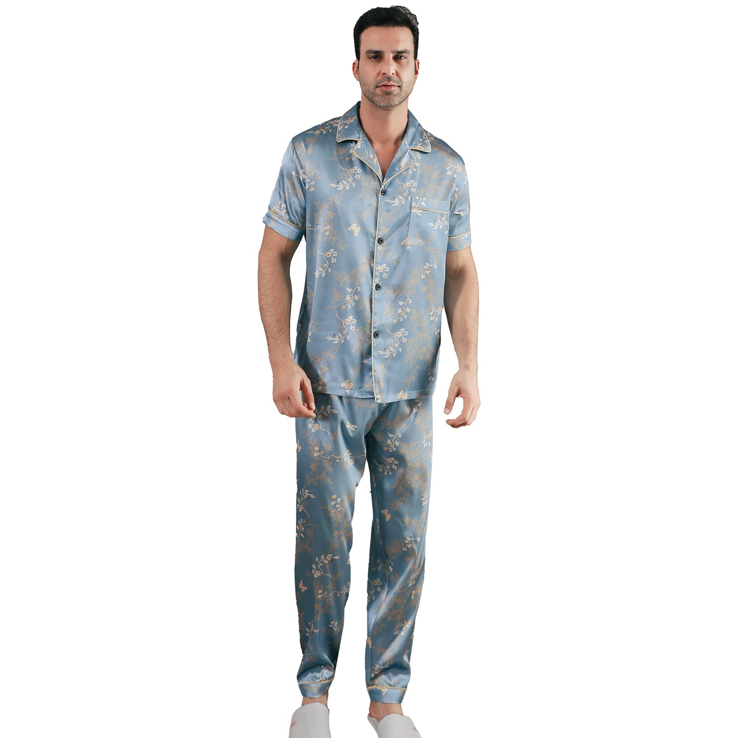 Men Satin Pajamas Set 3 Pieces multicolor Sleepwear with Pockets-KJ6039-M