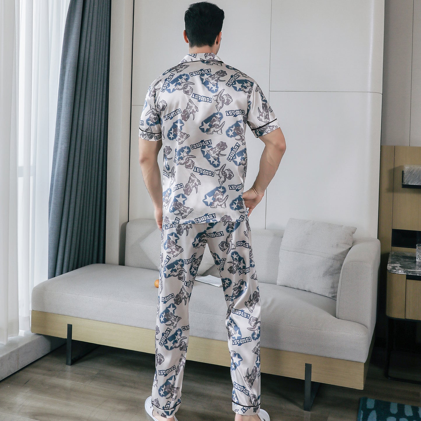 Men's Silky Satin Pajama Set Short Top Classic Sleepwear with Long Pants-KJ5020-M