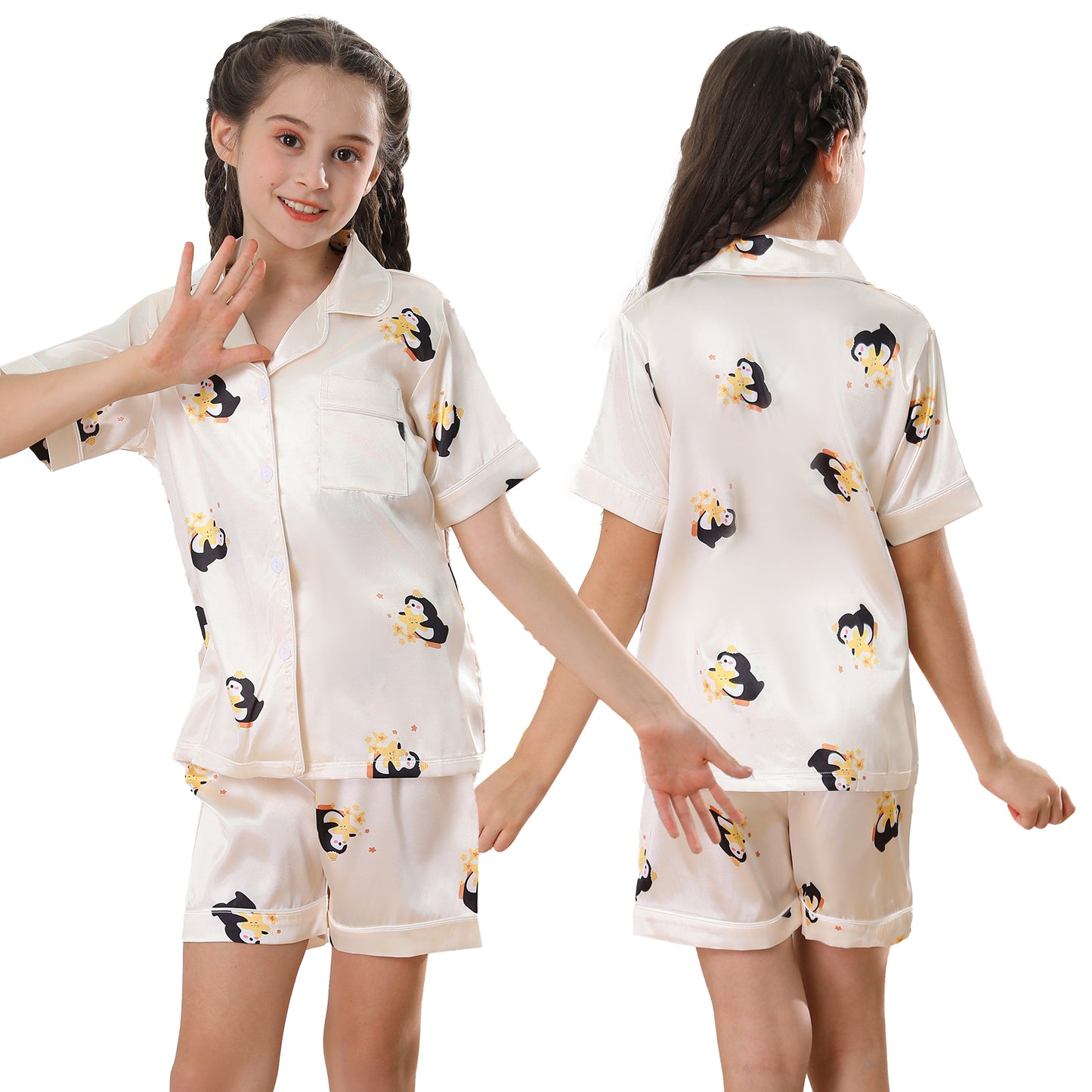 Girl's  Satin Pajama Set Short Top Classic Sleepwear with Short pants-KJ425T-130