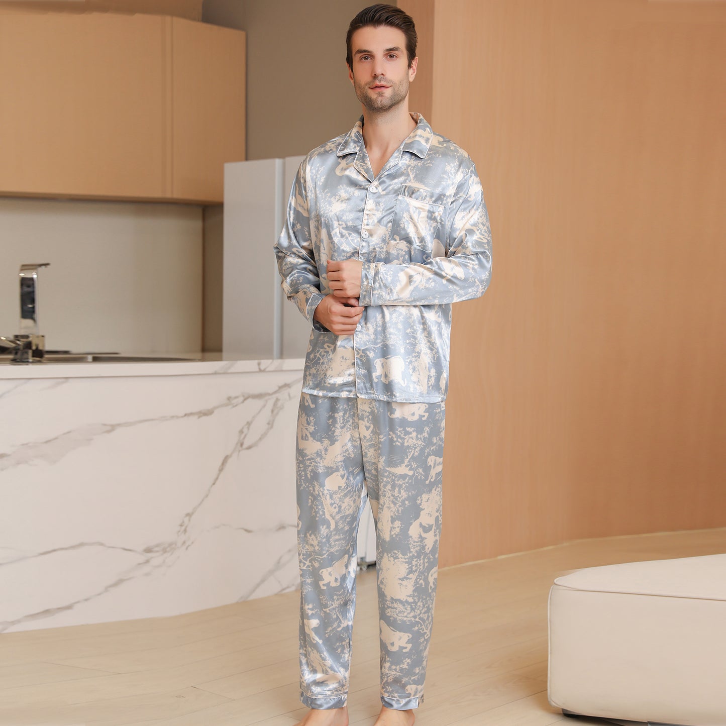 Men Satin Pajamas Set Long Sleeve & Long Pants Sleepwear with Pockets-KJ2039-M