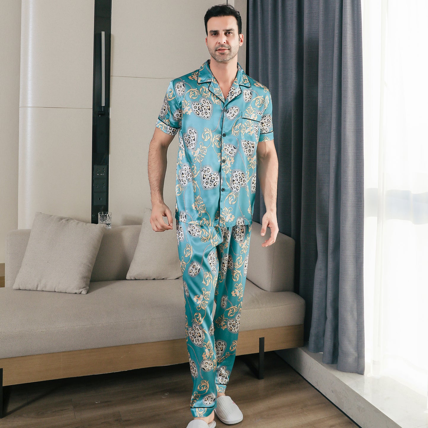 Men Satin Pajamas Set Short Sleeve & Long Pants Sleepwear with Pockets-KJ5044-M