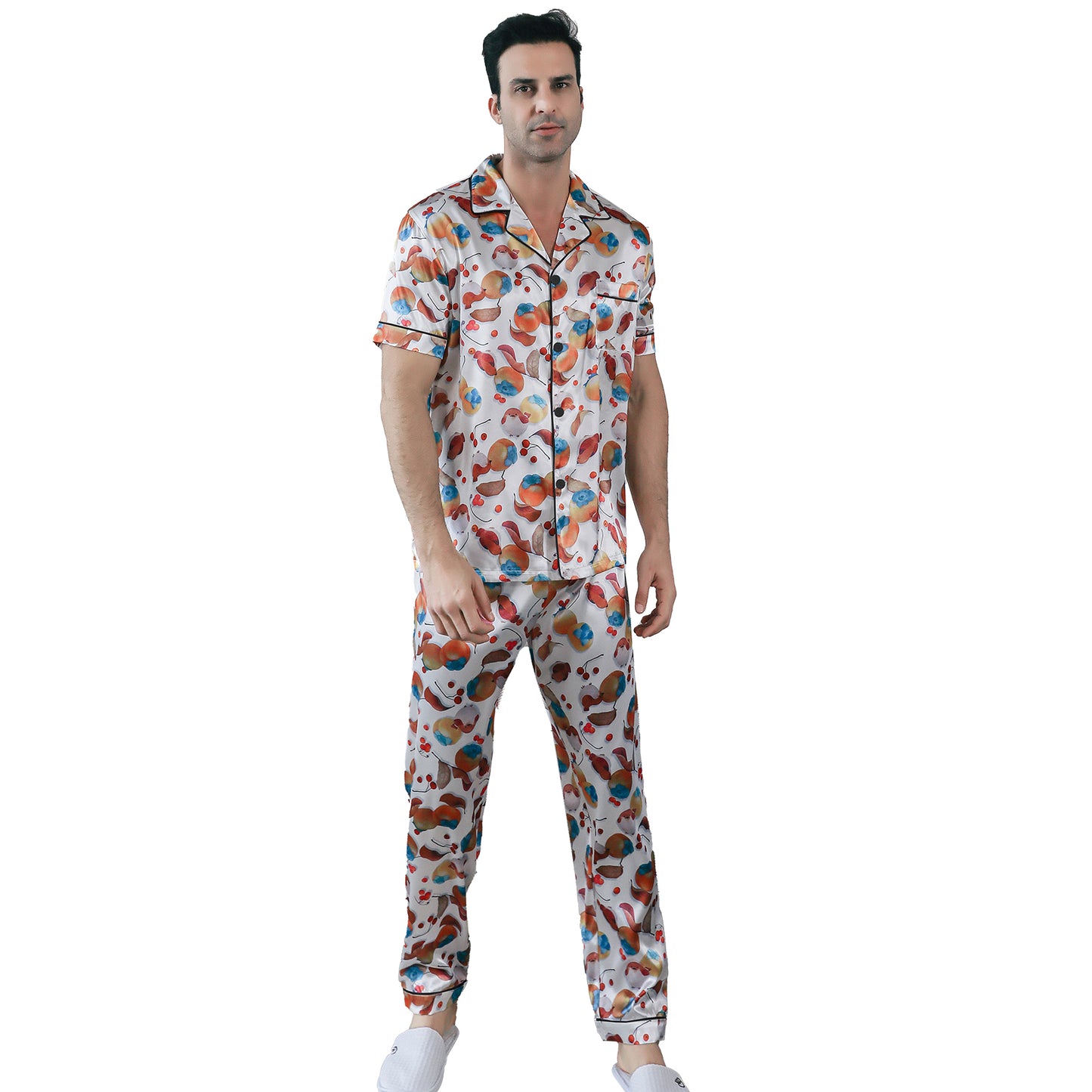 Men's Silky Satin Pajama Set Short Top Classic Sleepwear with Long Pants-KJ5018-M