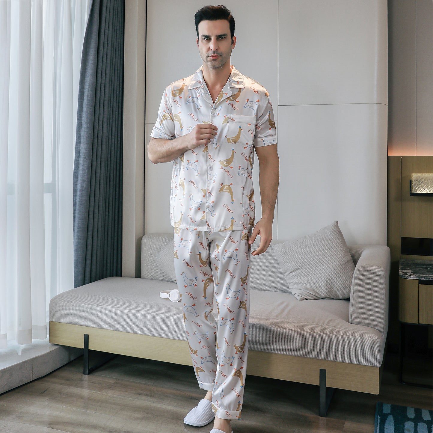 Men's Silky Satin Pajama Set Short Top Classic Sleepwear with Long Pants-KJ5016-M