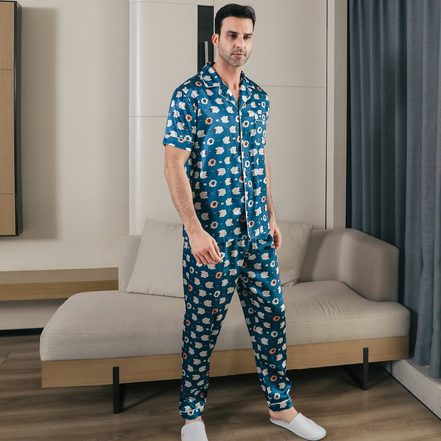 Men Satin Pajamas Set Short Sleeve & Long Pants Sleepwear with Pockets-KJ5043-M