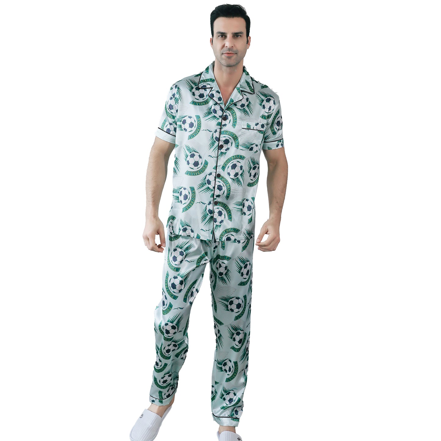 Mens Pajama Set Short Sleeve Sleepwear Silky Loungewear with Long Pants-KJ5021-M