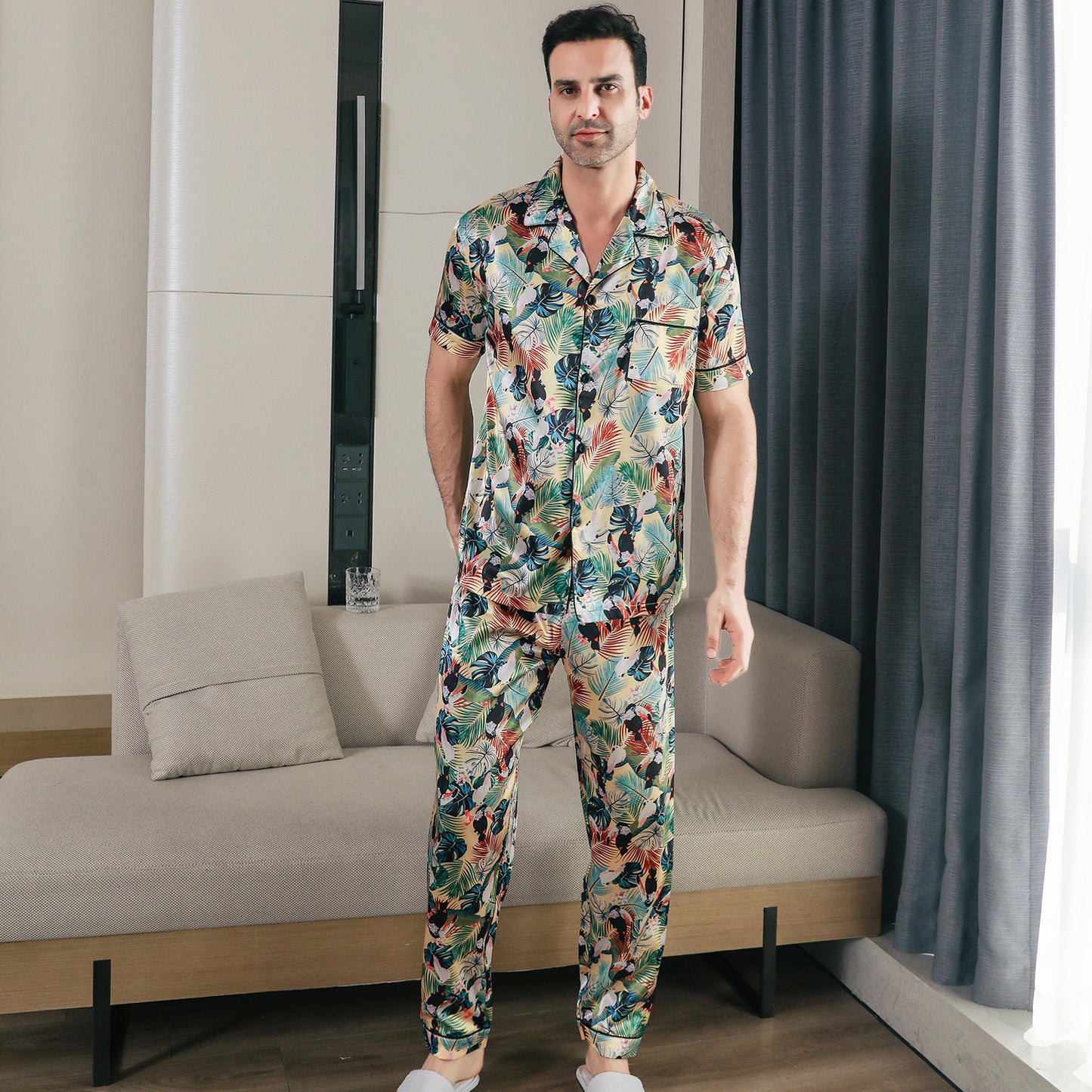 Men Satin Pajamas Set 3 Pieces multicolor Sleepwear with Pockets-KJ6040-M