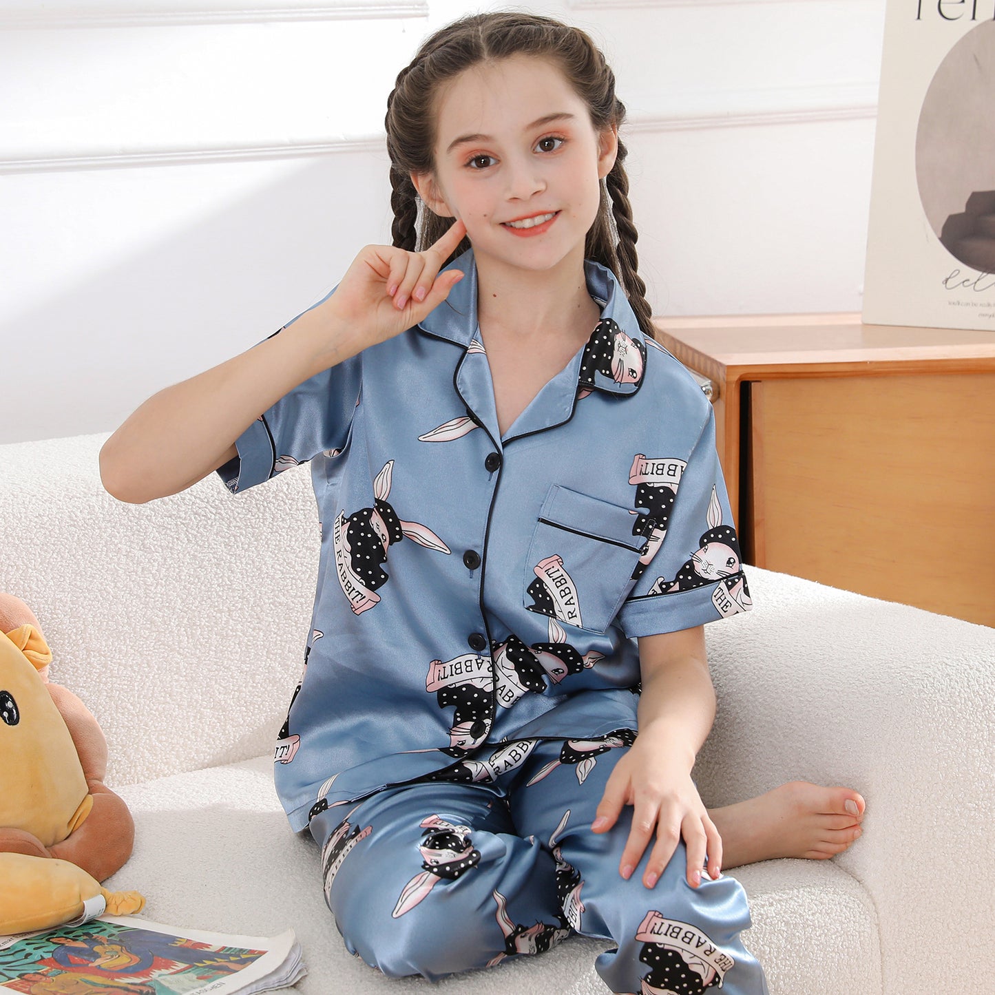 Girl's  Satin Pajama Set Short Top Classic Sleepwear with long pants-KJ506T-130