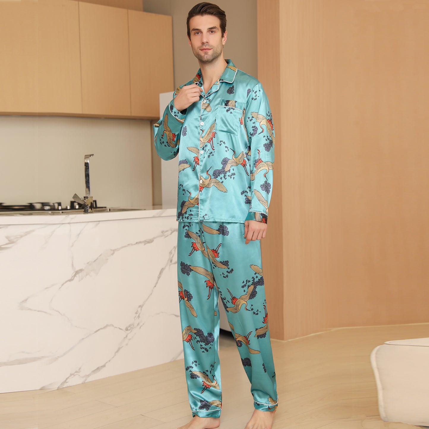 Men Satin Pajamas Set Long Sleeve & Long Pants Sleepwear with Pockets-KJ2035-M