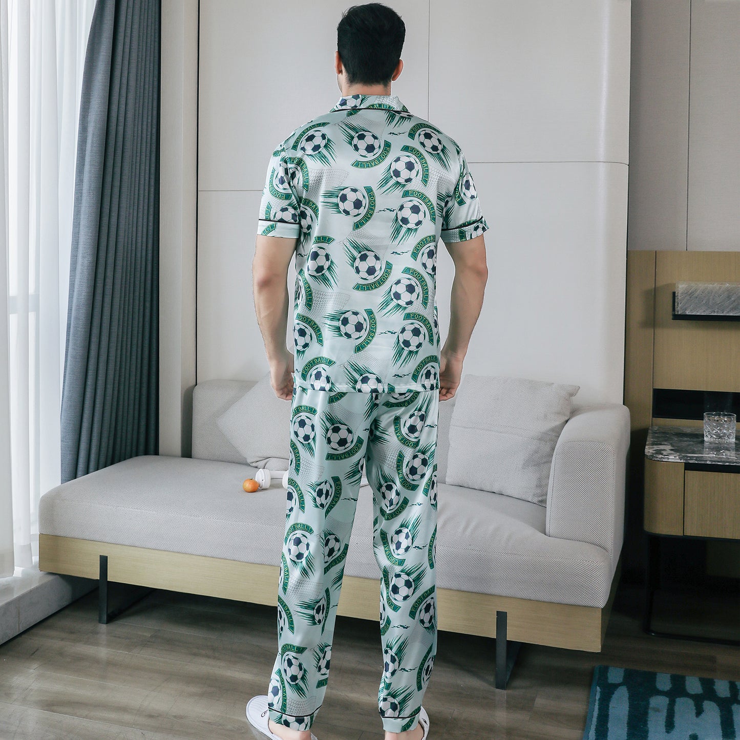 Mens Pajama Set Short Sleeve Sleepwear Silky Loungewear with Long Pants-KJ5021-M