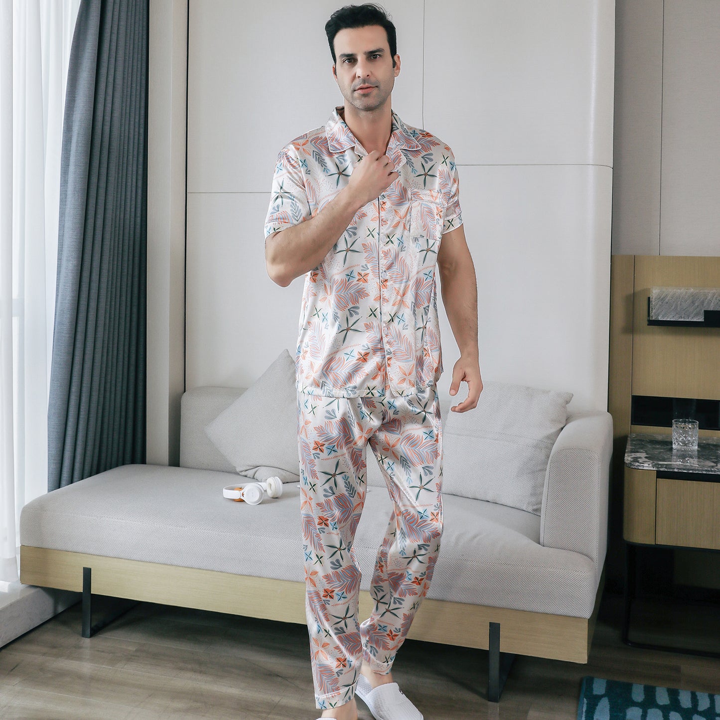 Mens Pajama Set Short Sleeve Sleepwear Silky Loungewear with Long Pants-KJ5022-M