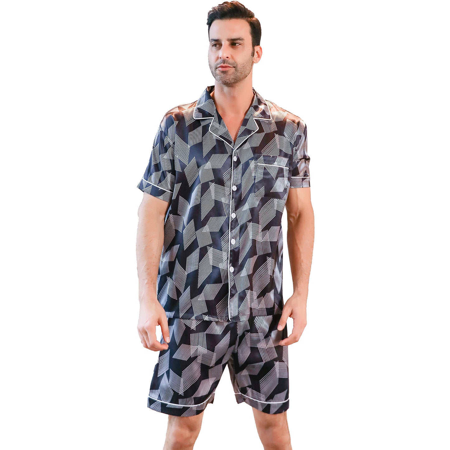 Mens Silky Pajamas Set 3 Pieces Nightwear-KJ6002-M