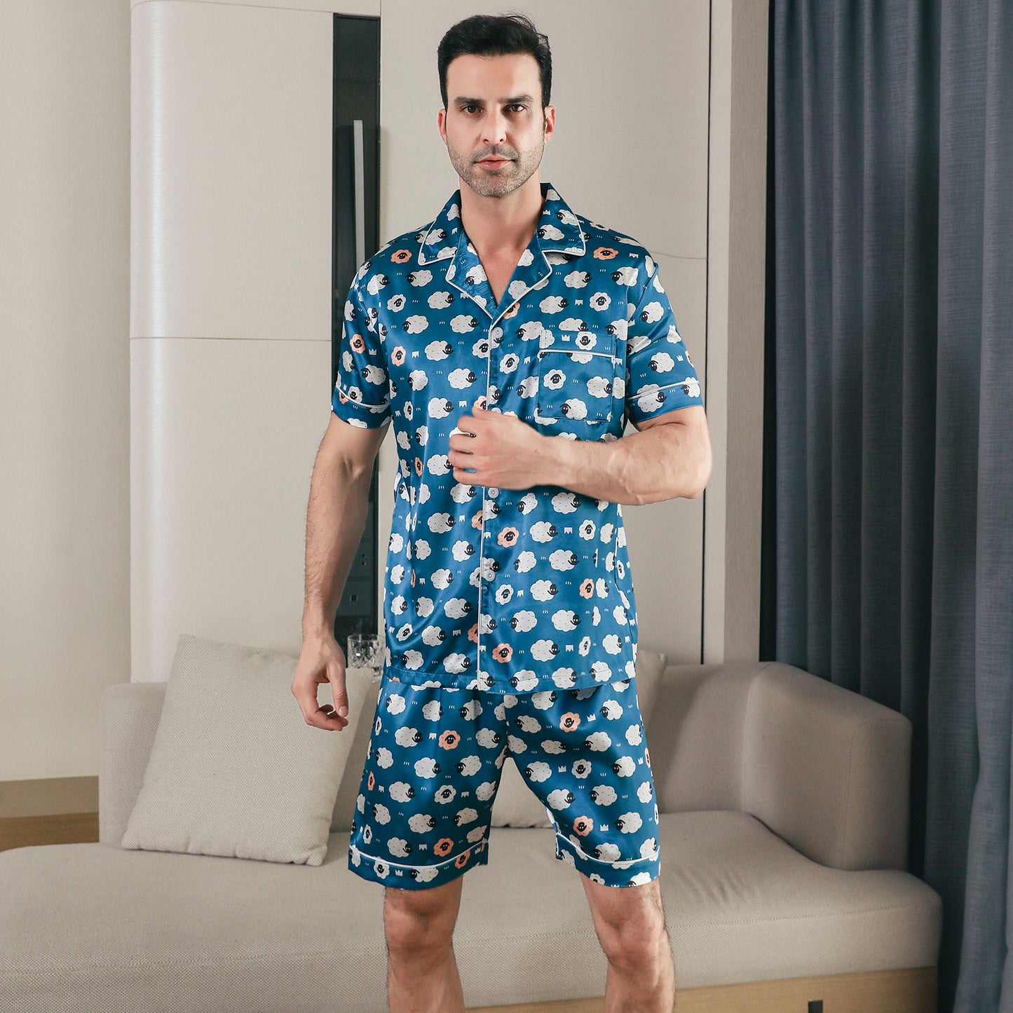 Men Satin Pajamas Set Short Sleeve & short Pants Sleepwear with Pockets-KJ4043-M