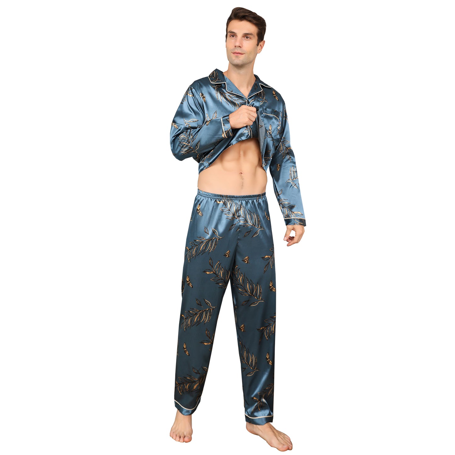 Men's Silky Satin Pajama Set Long Top Classic Sleepwear with Long Pants-KJ2014-M