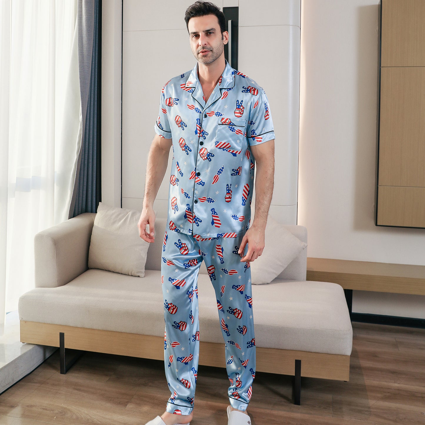 Men's Classic Silk Pajama Set Short Top & Long Pants Button Loungewear-KJ5049-M