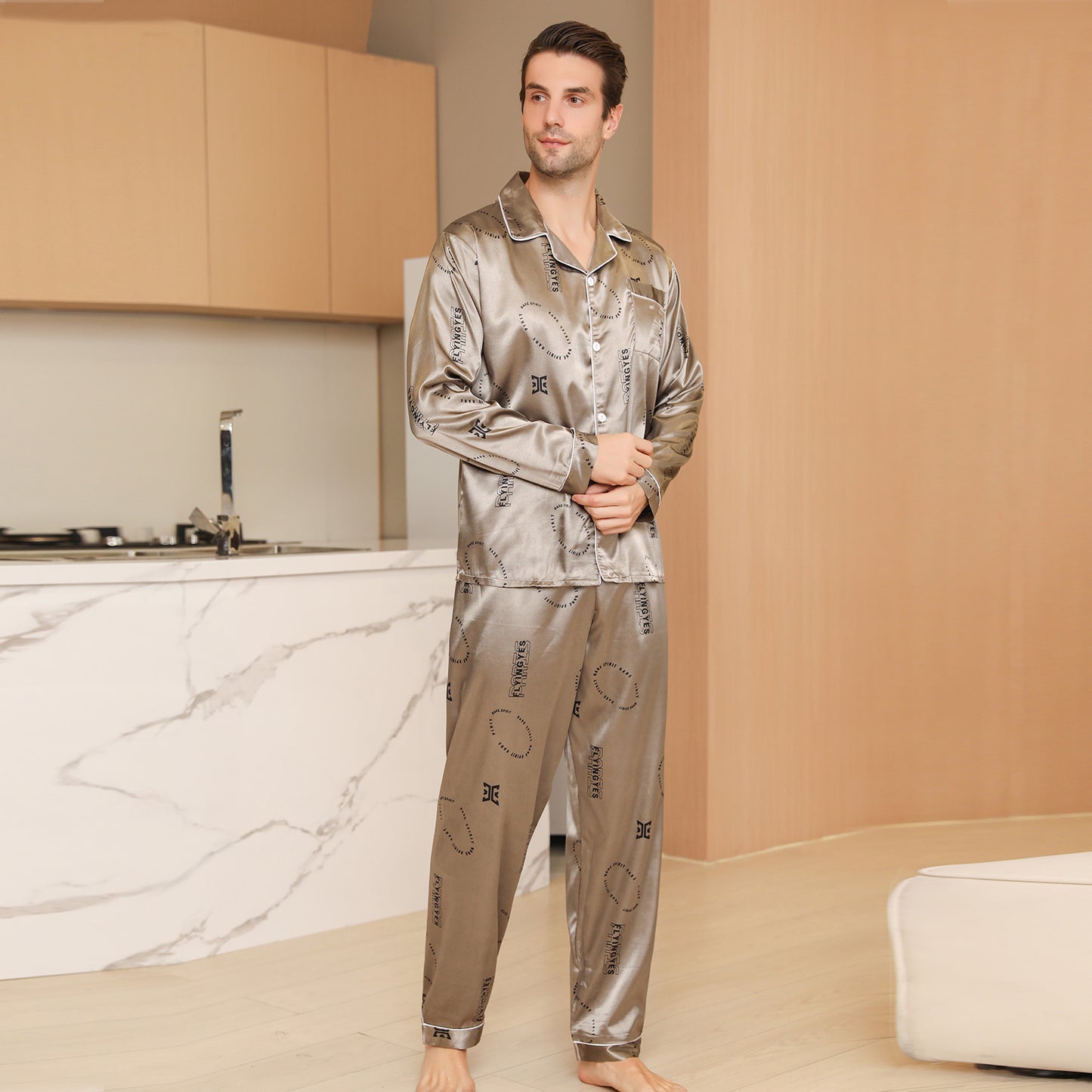 Men Satin Pajamas Set Long Sleeve & Long Pants Sleepwear with Pockets-KJ2038-M