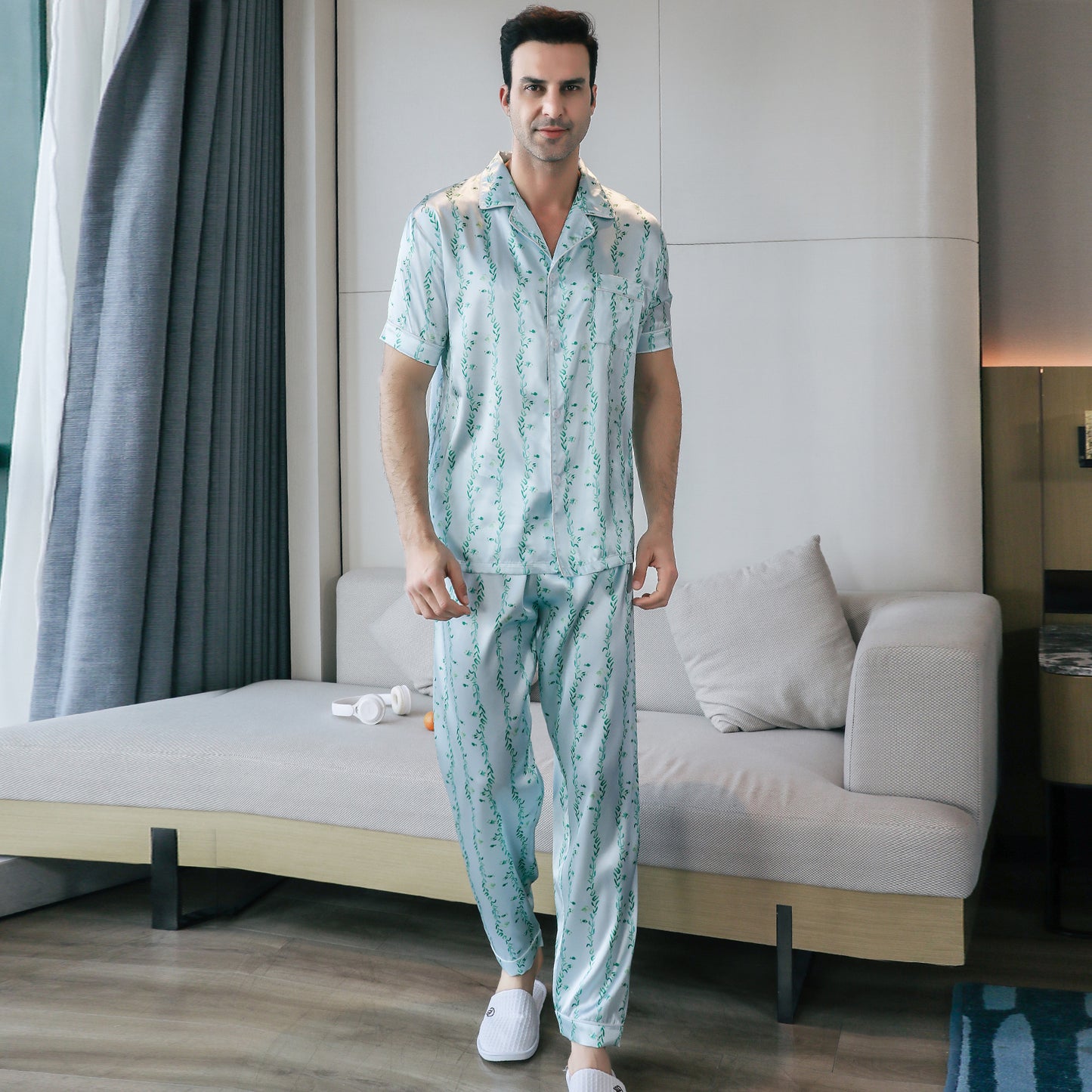 Men's Silky Satin Pajama Set Short Top Classic Sleepwear with Long Pants-KJ5012-M