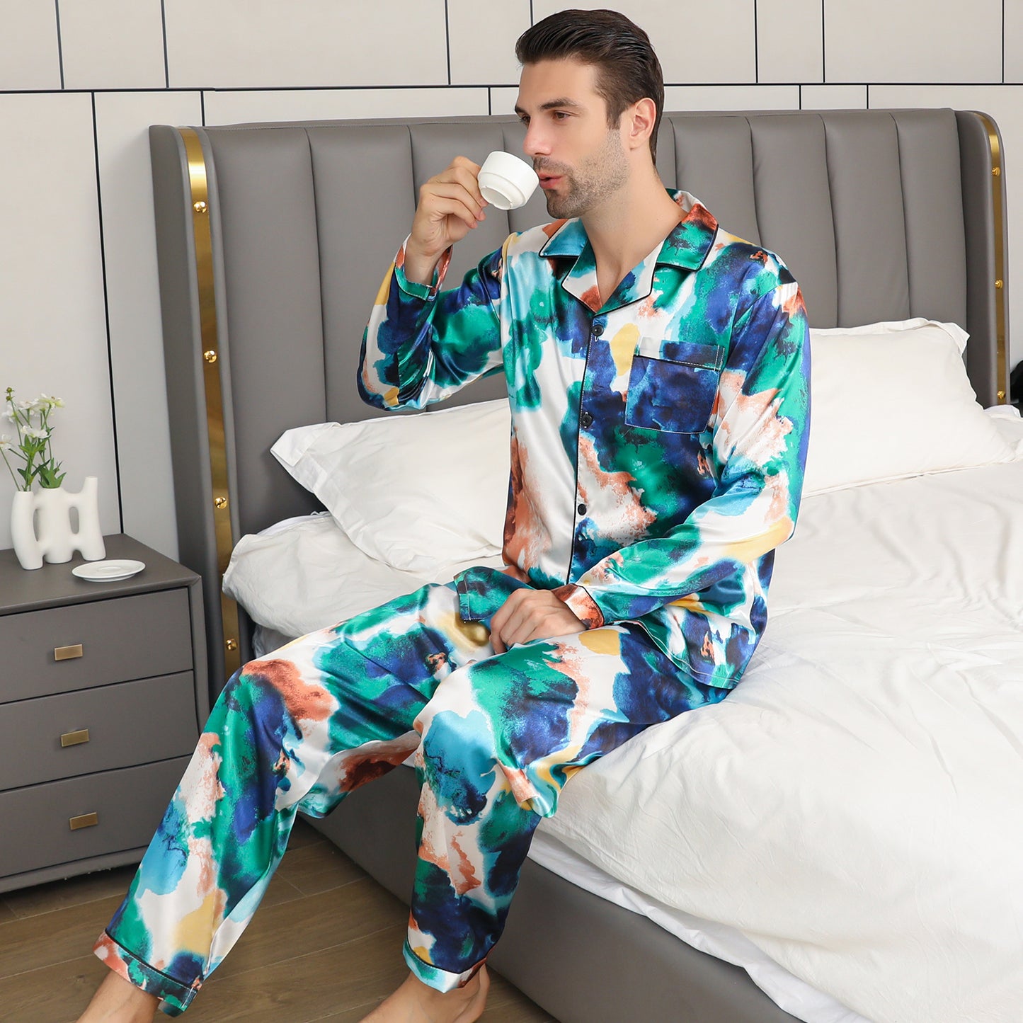 Mens Pajama Set Long Sleeve Sleepwear Silky Loungewear with Long Pants-KJ2026-M