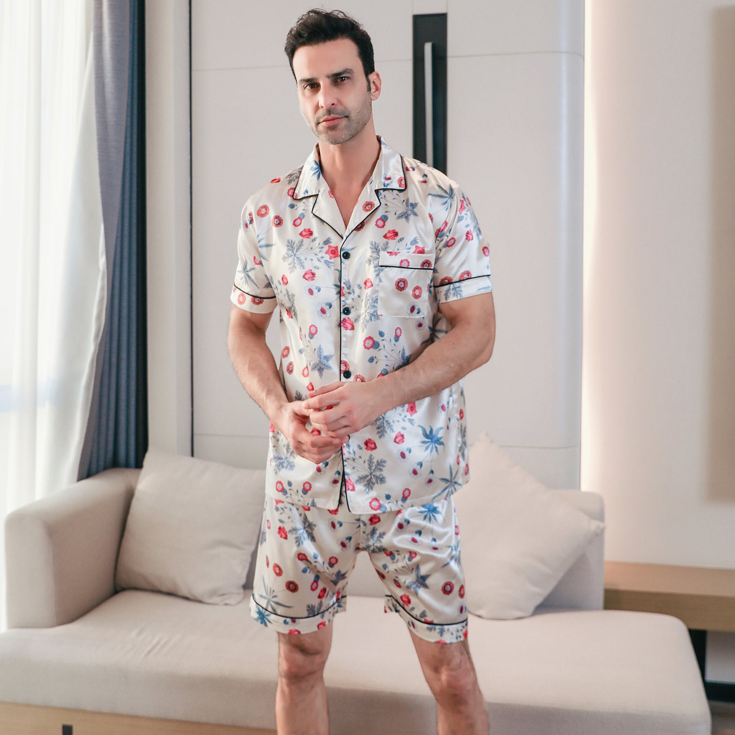 Men's  Silk Pajama Set Short Top & short Pants  Loungewear-KJ4051-M