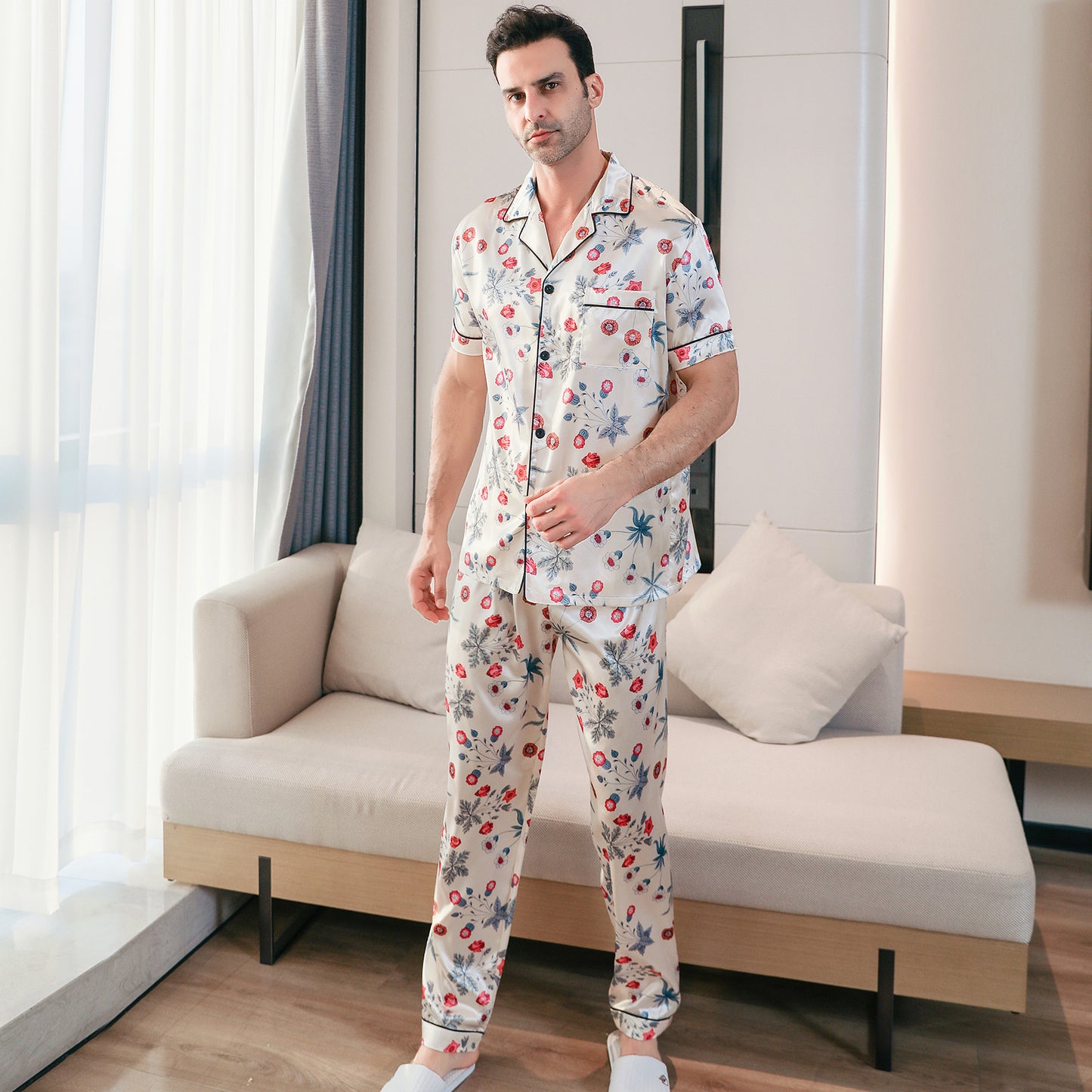 Men's Classic Silk Pajama Set Short Top & Long Pants Button Loungewear-KJ5051-M