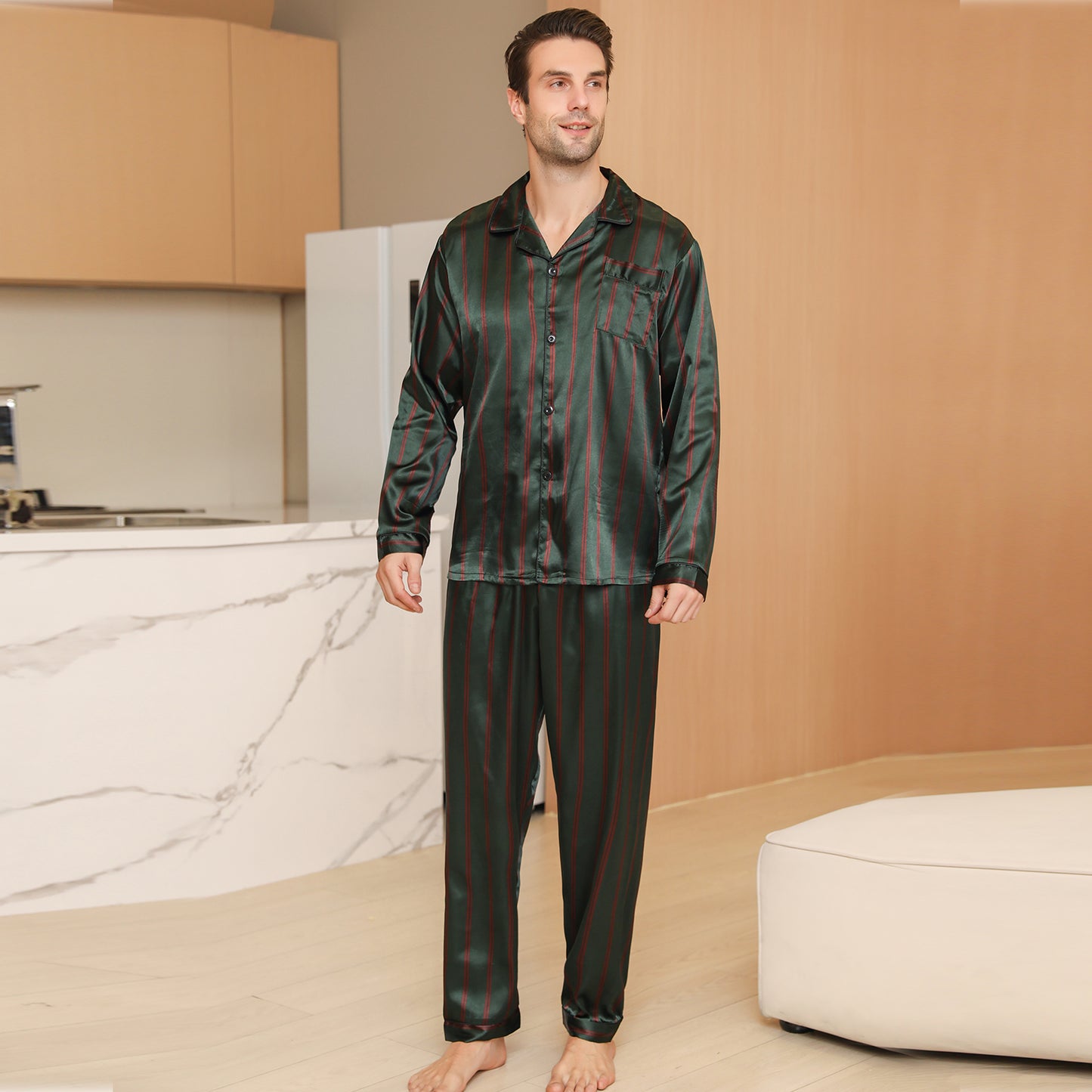 Men Satin Pajamas Set Long Sleeve & Long Pants Sleepwear with Pockets-KJ2037-M