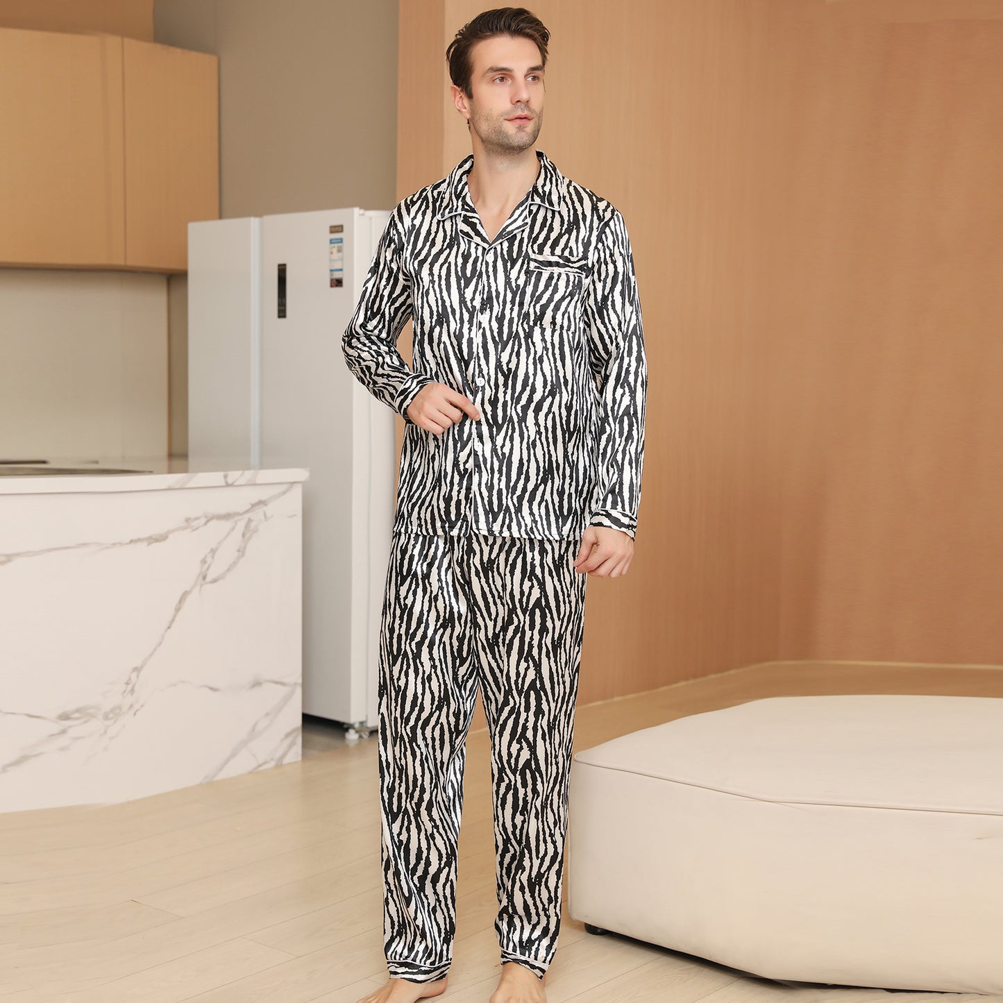 Men Satin Pajamas Set Long Sleeve & Long Pants Sleepwear with Pockets-KJ2033-M