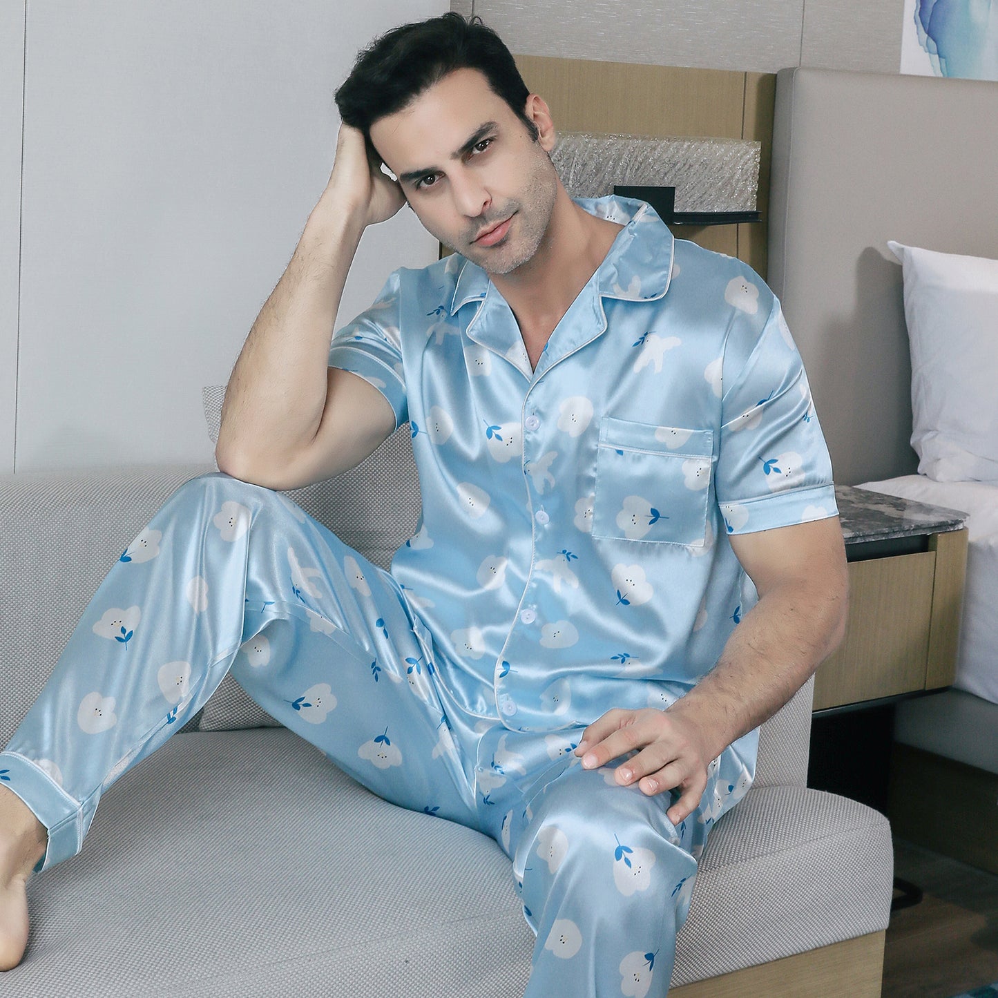 Mens Pajama Set Short Sleeve Sleepwear Silky Loungewear with Long Pants-KJ5023-M