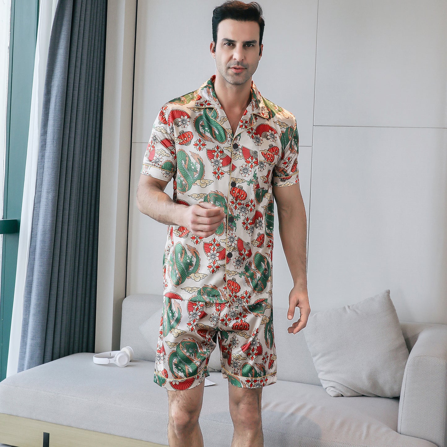 Mens Silky Pajamas Set Short Top & short pants Nightwear-KJ4010-M