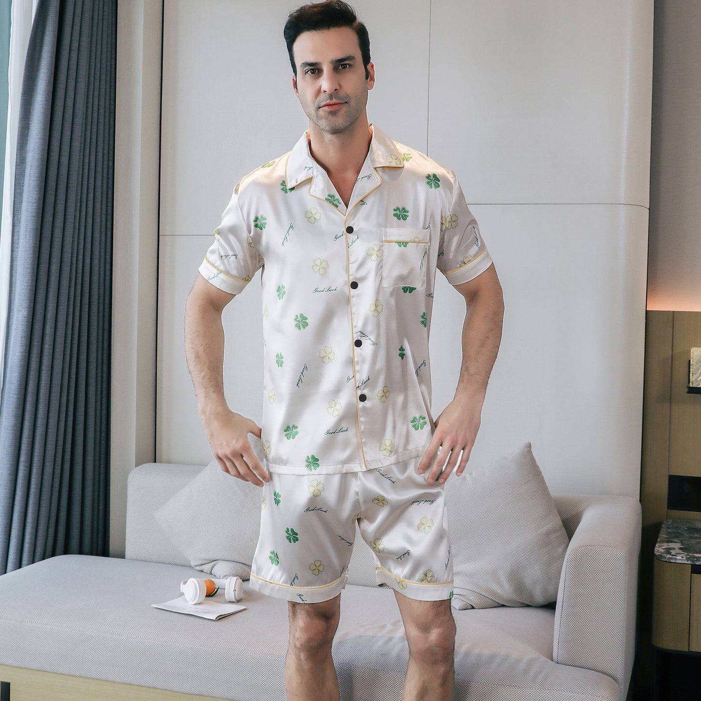 Mens Silky Pajamas Set Short Top & short pants Nightwear-KJ4006-M