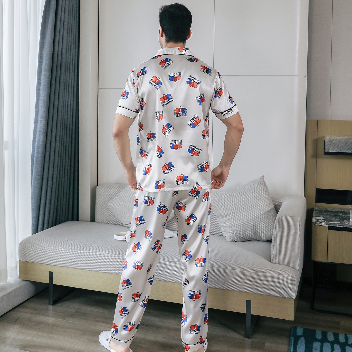 Men's Silky Satin Pajama Set Short Top Classic Sleepwear with Long Pants-KJ5019-M