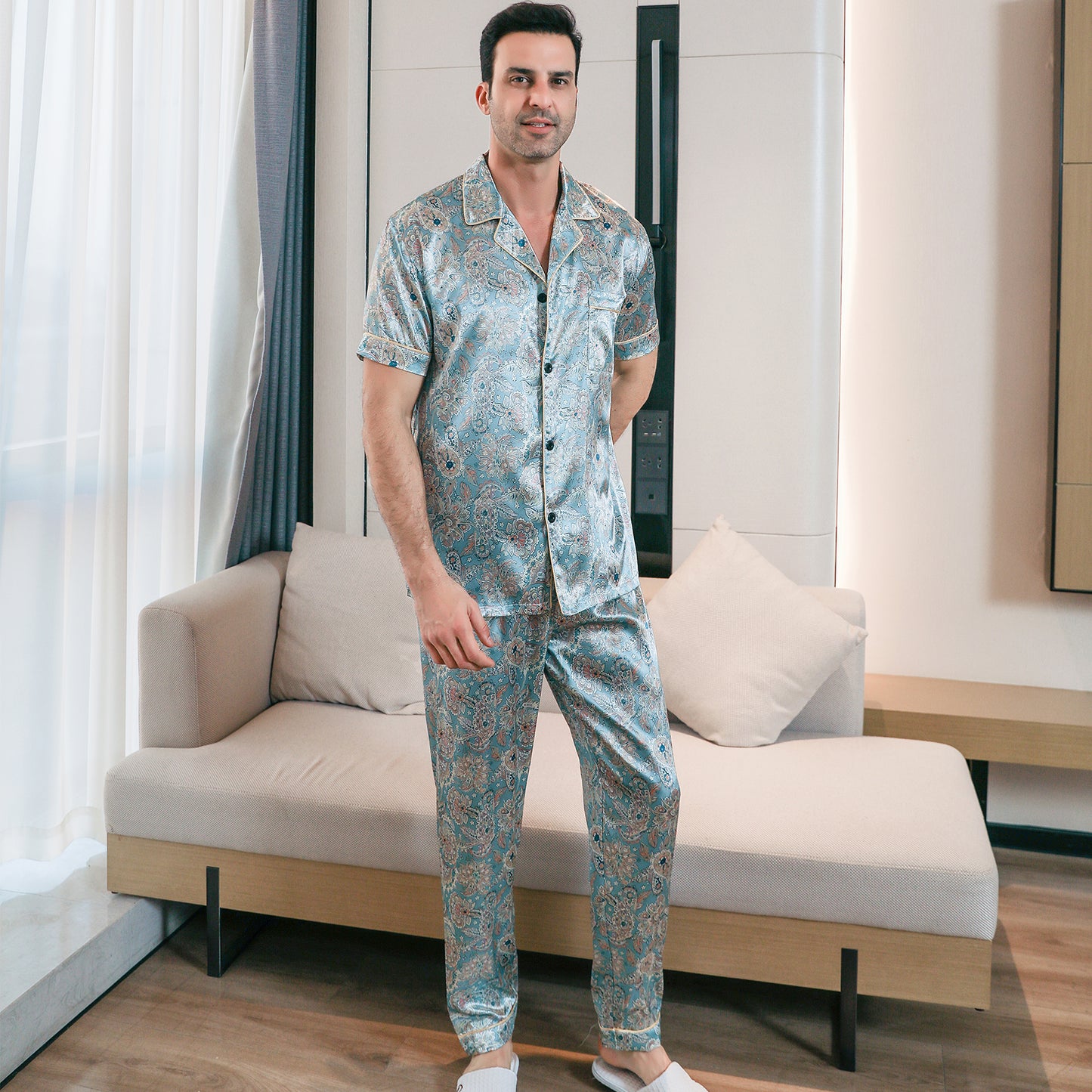 Men's Classic Silk Pajama Set Short Top & Long Pants Button Loungewear-KJ5054-M