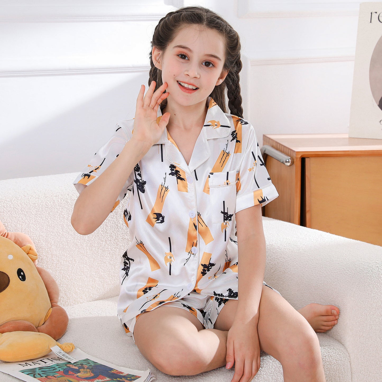children's Satin Pajamas Set Short Sleeve & Short pants Sleepwear with Pockets-KJ426T-130