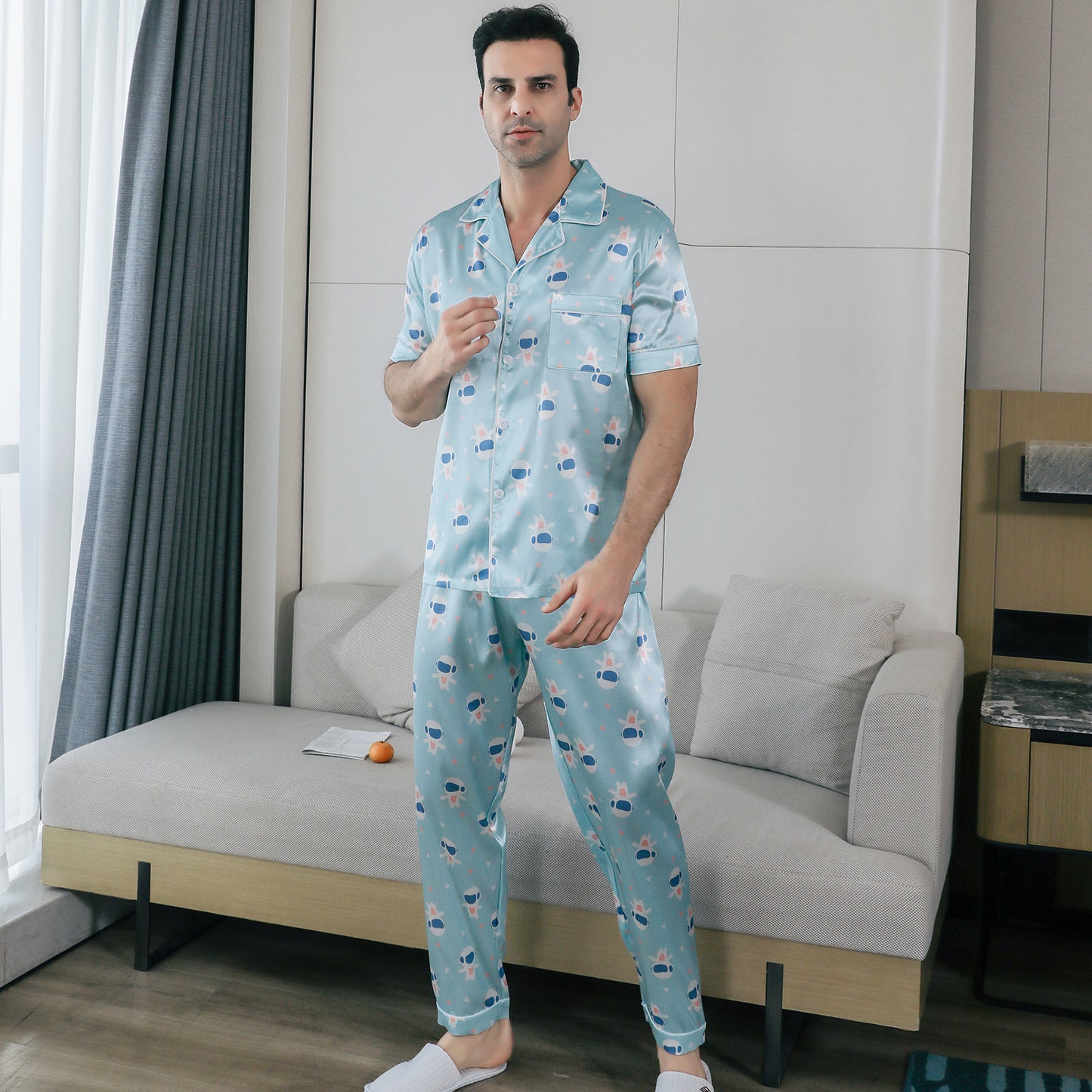 Mens Pajama Set Short Sleeve Sleepwear Silky Loungewear with Long Pants-KJ5026-M